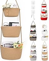 Degeyoyo 3-Tier Boho Hanging Storage Baskets - Over Door Cotton Wall Organizer with 4 Hooks, Versatile Home Storage