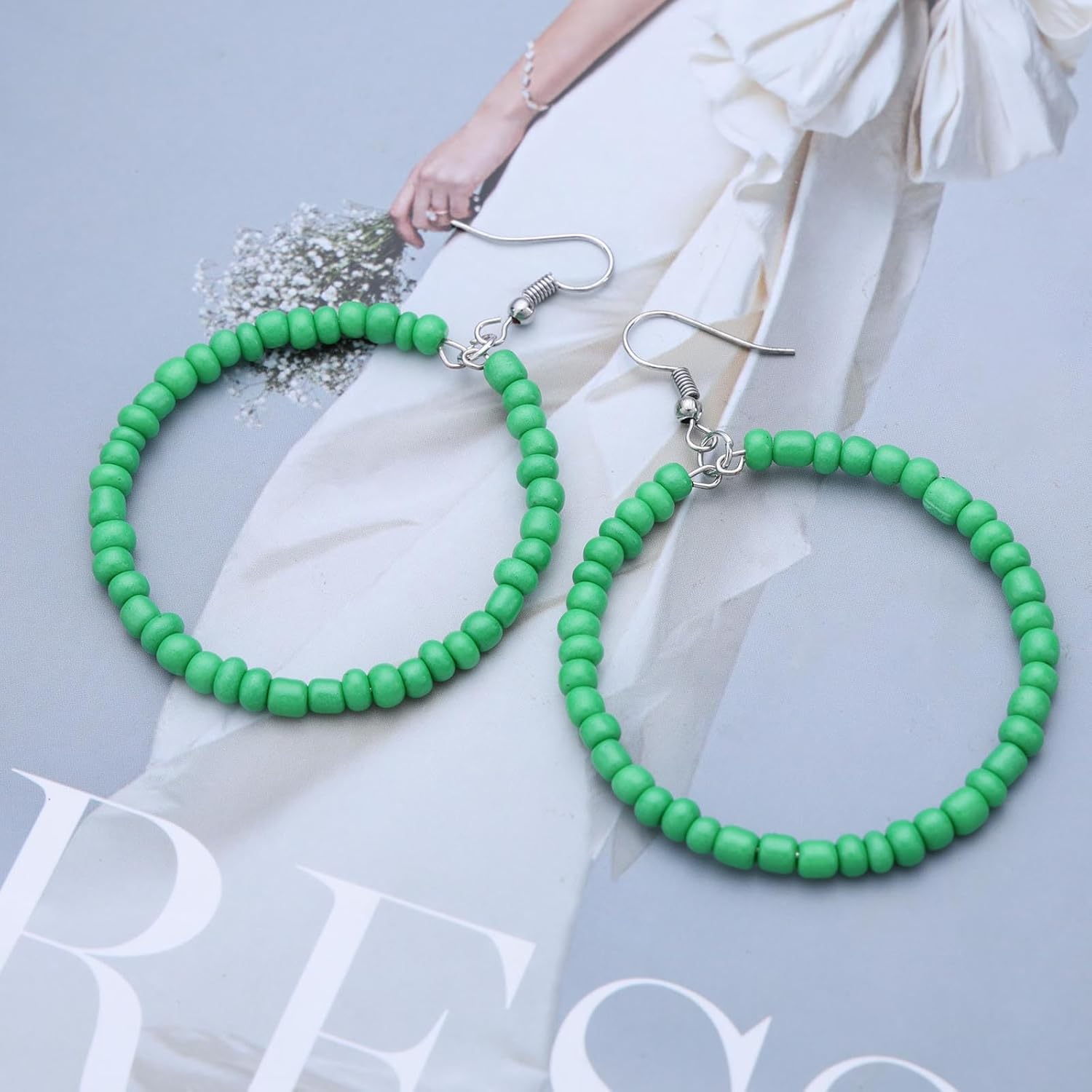 Bohemia Seed Bead Circle Dangle Earrings Green Seed Bead Earrings Rice Bead Hoop Drop Earrings Green Beaded Circle Earrings Jewelry for Women - Image 5