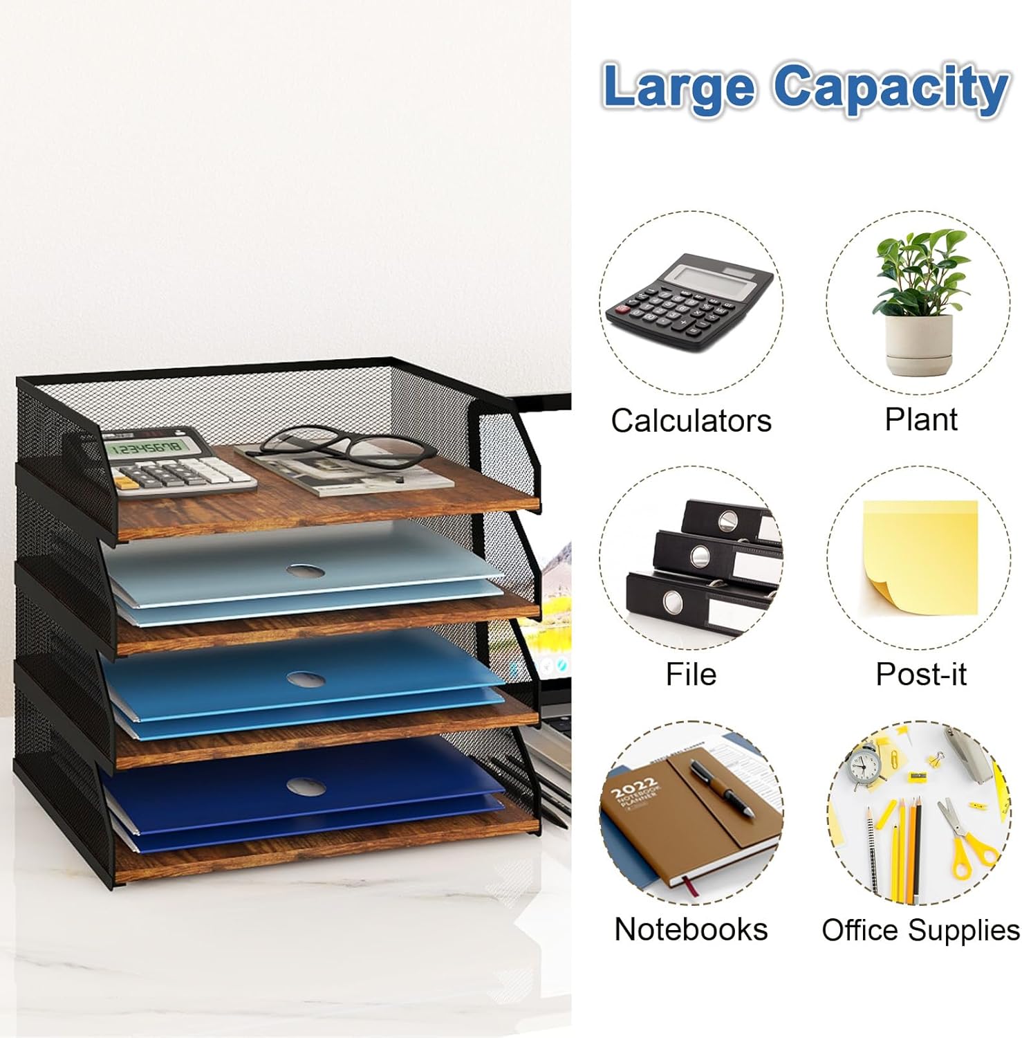 Natwind 4-Tier Stackable Paper Tray, Wooden Paper Organizer for Desk,Metal Mesh Desktop Organizer, Paper Sorter, Letter Trays,File Document Storage Rack for for Home, Office, School (Retro)