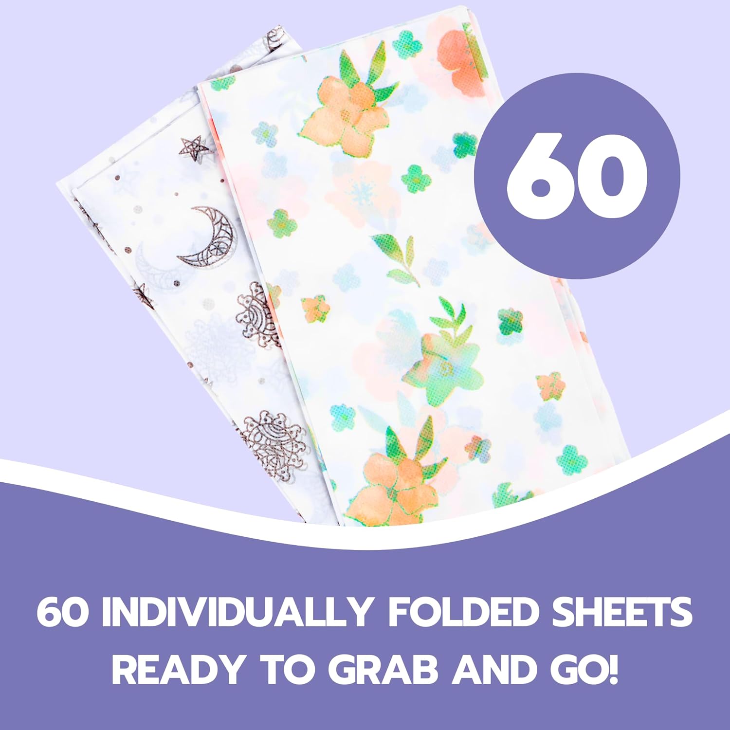 60 Pack Disposable Splat Mats by Eli with Love - Extra Large 49"x49" 100% Waterproof Baby Splat Mat for Under High Chair - Plastic Mat Liner for Floor - Protect from Spills (Floral, 60 Pack)