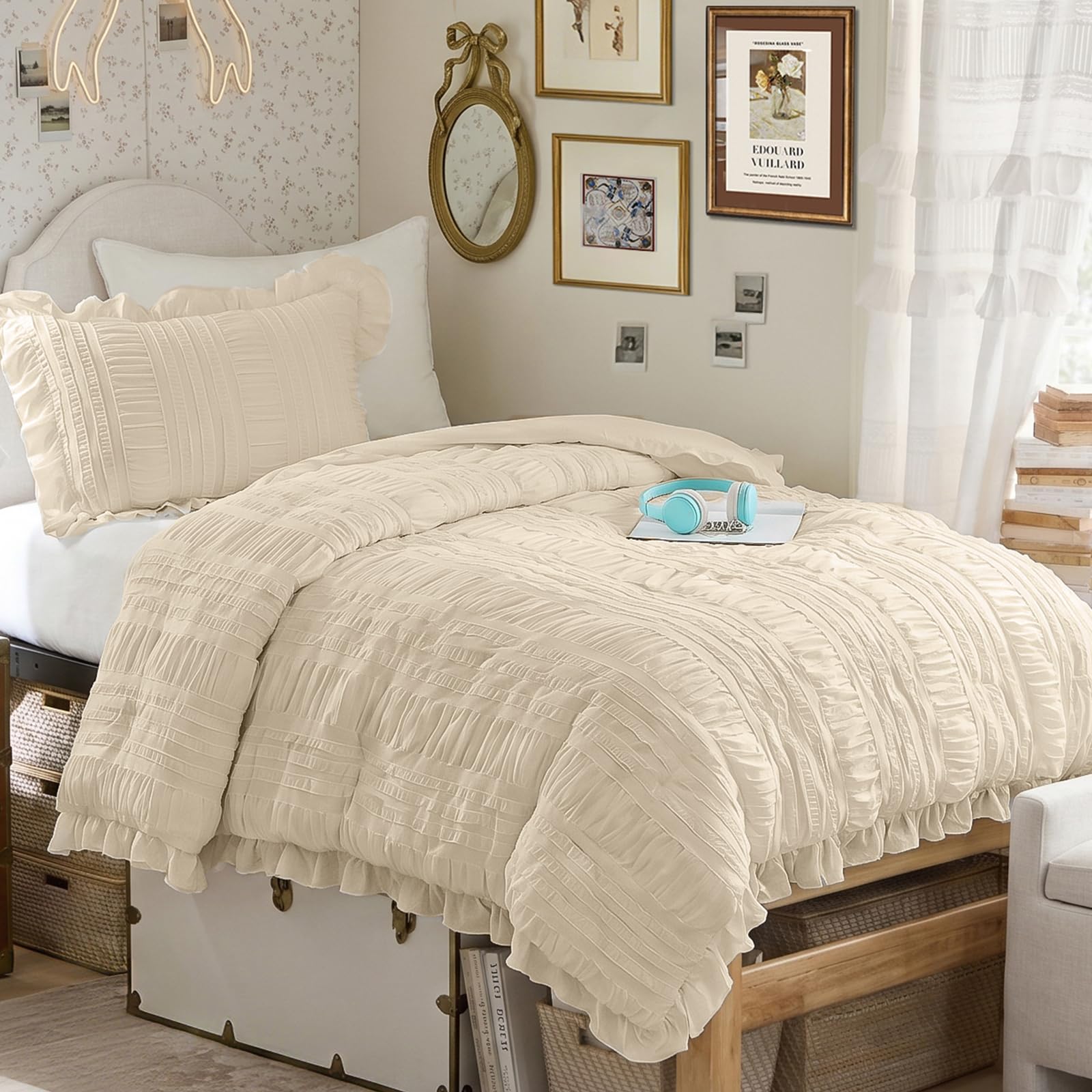 Photo 1 of WONGS BEDDING Beige Comforter Set Full, 3 Pieces Ruffle Shabby Chic Comforter for Dorm Room Essentials for Full Bed, Soft Seersucker Bedding Set with 1 Comforter, 2 Tufted Pillowcases 90"×78"