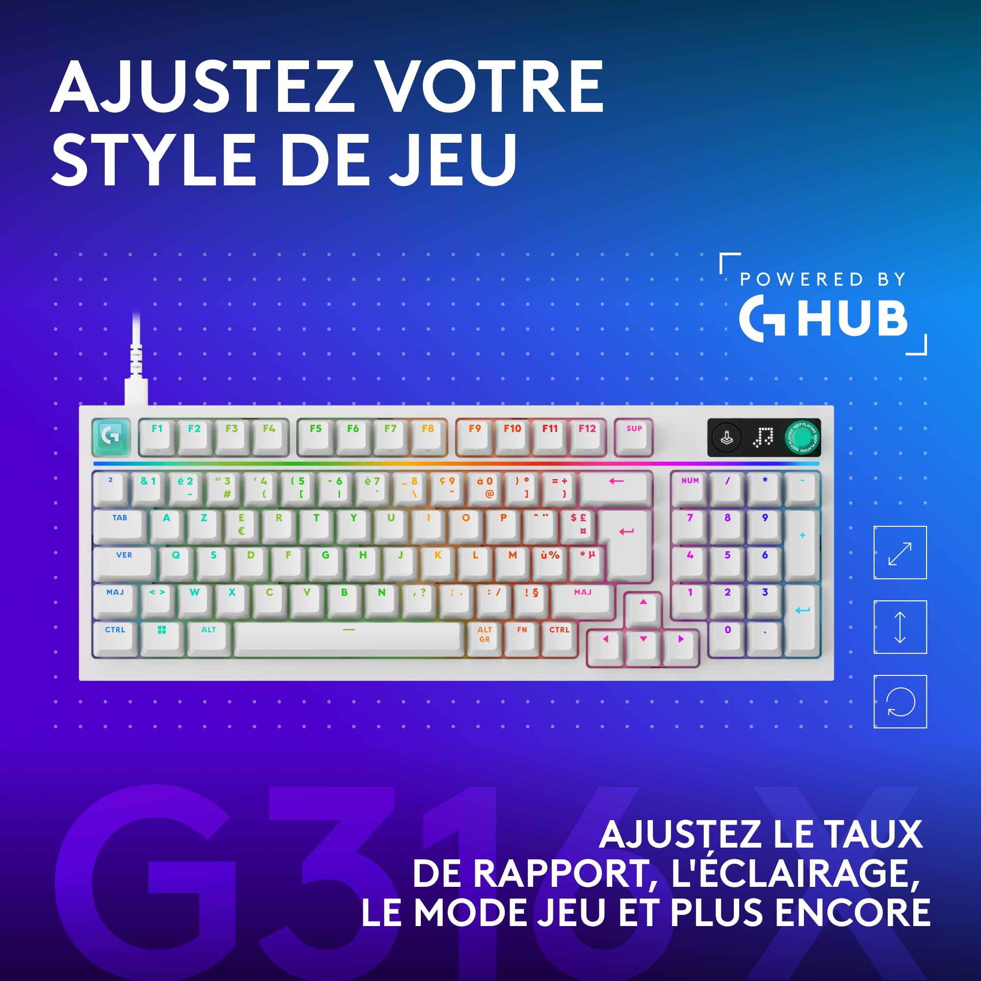 Logitech G G316 X 98, Clavier Gaming, 8 kHz, switchs tactiles Hot-Swap, Structure à Joint, Affichage LED matriciel & molette, Touches PBT Double Couche, USB-C, RVB LIGHTSYNC, PC, FRA AZERTY - Blanc