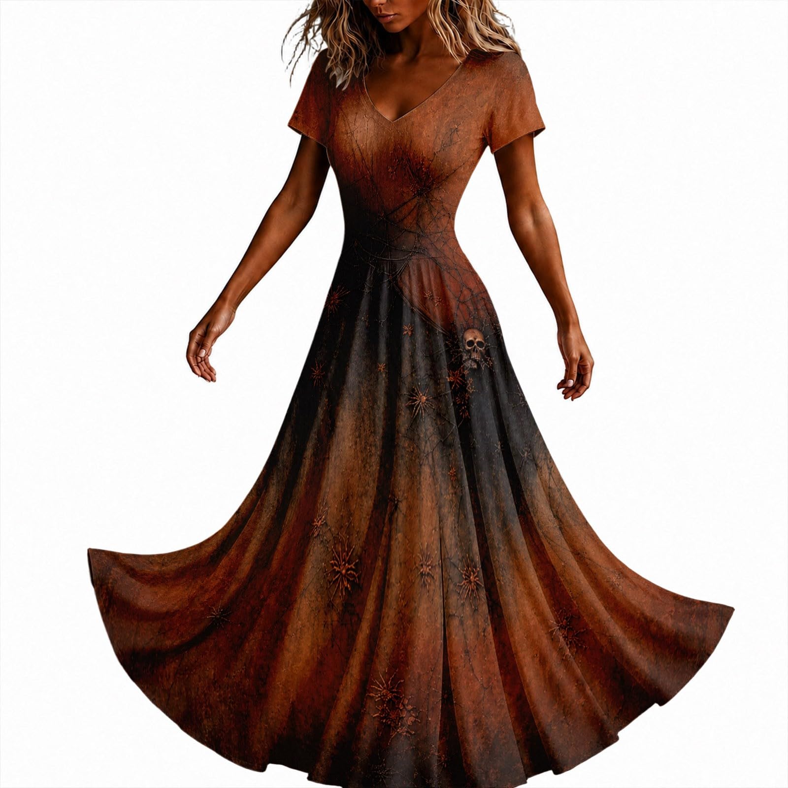Halloween Dresses for Women UK Ladies Gothic Dress Skeleton Print Costume Short Sleeve V Neck Plus Size Costumes Scary Funny Skeleton Printed Halloween Elegan Flowy Maxi Dress Cosplay Party