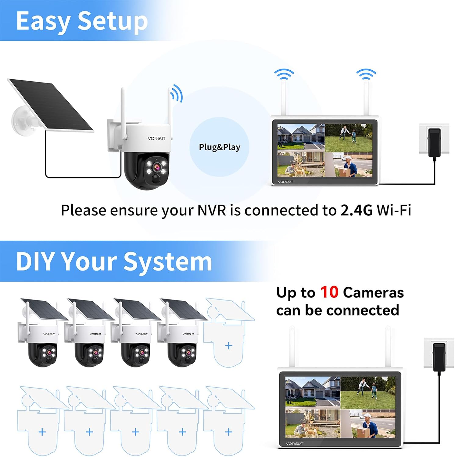 Solar Cameras Wireless Outdoor with 10'' Monitor, 4pcs 2K 3MP Solar Powered Home Security Cameras, Full Color Night Vision, 360° Pan Tilt, Human Detection, 2.4G/5G WiFi 10CH NVR with 500G HDD - Image 5