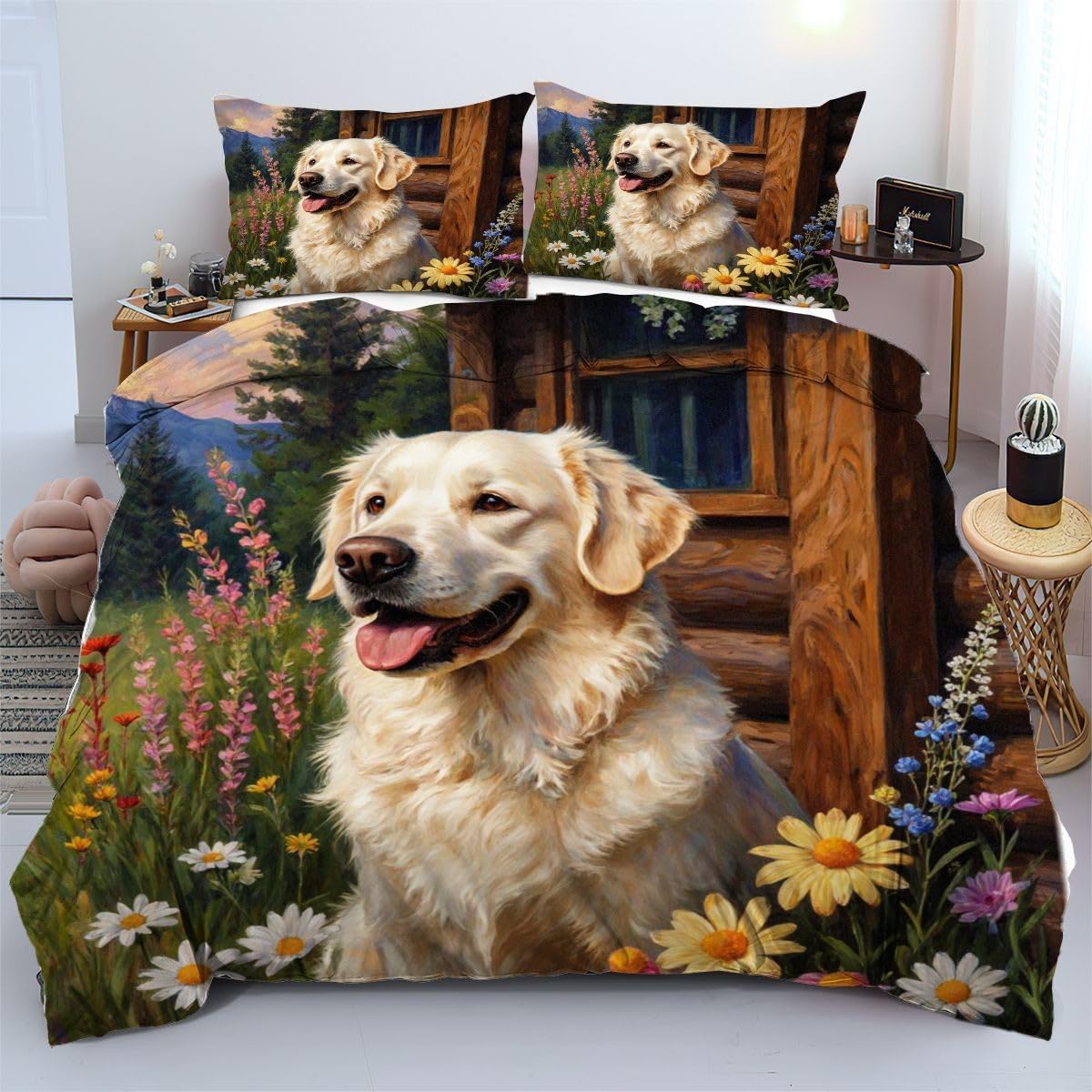 Ensemble de literie 140x200 cm chien blanc linge de lit maison