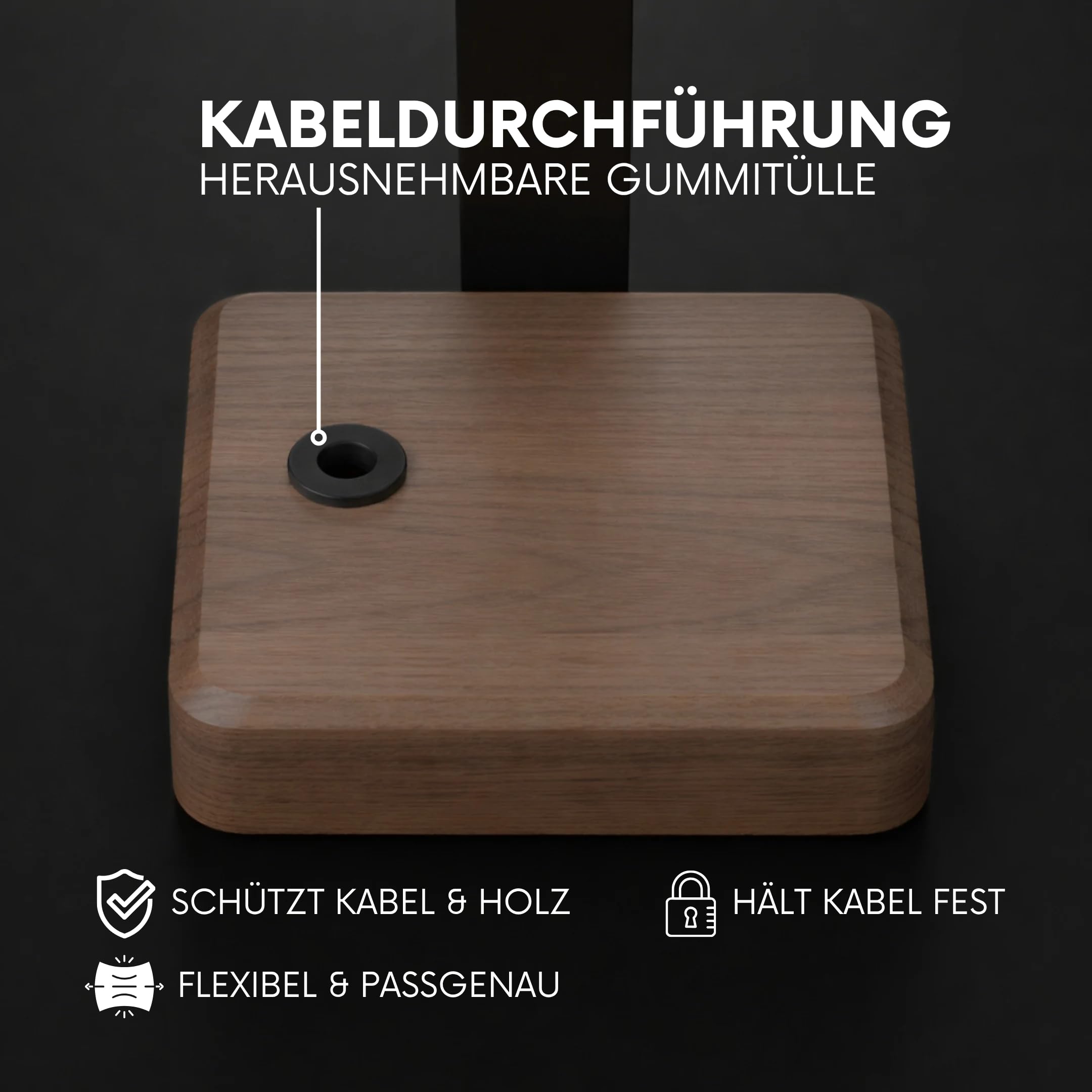 Headset Halterung aus Nussbaumholz – Kopfhörer Halterung mit schwerem Stahlblech & Lederlook Auflage – Kopfhörer Halter Holz mit Kabeldurchführung Schreibtisch Zubehör & Kopfhörer Ständer