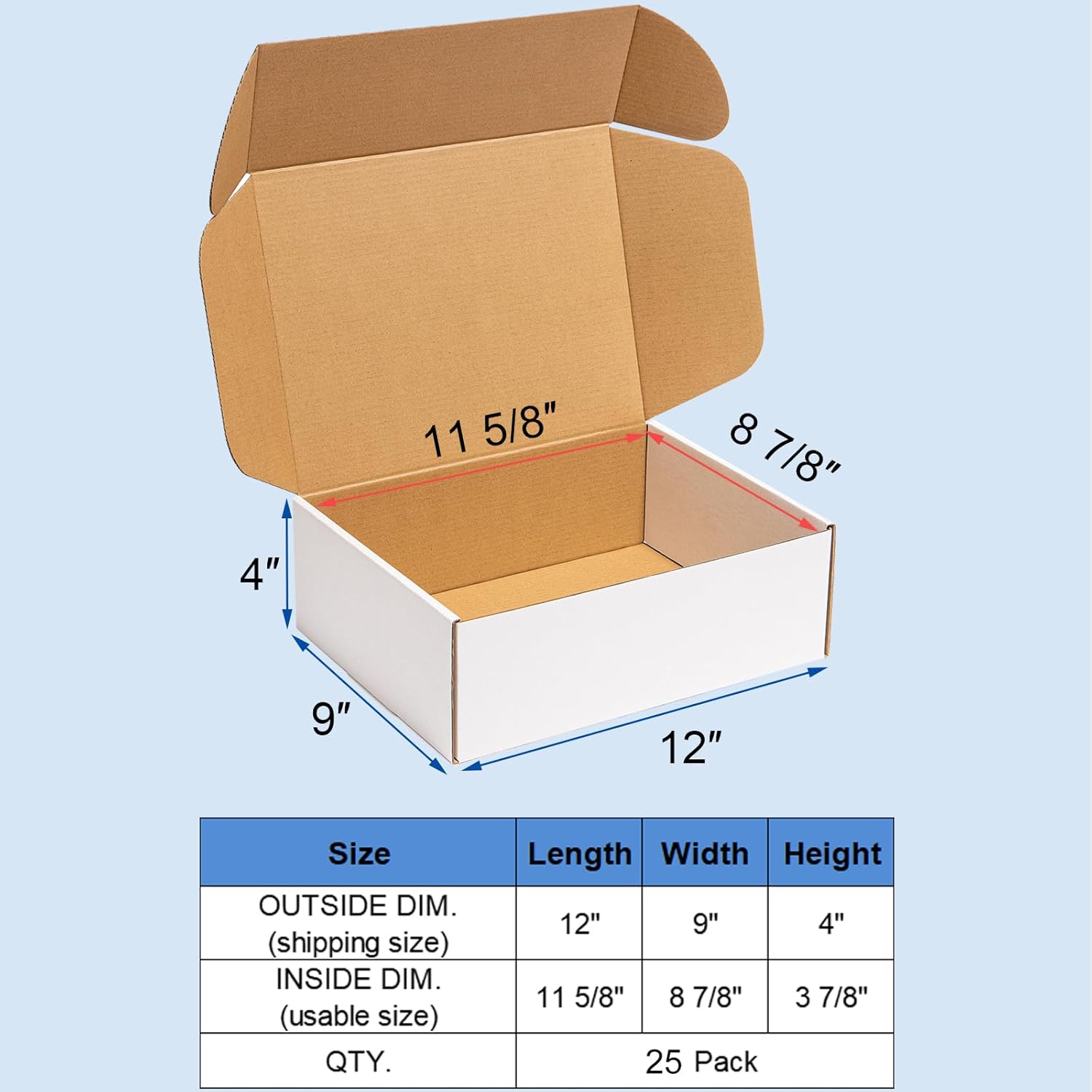 Wowxyz Shipping Boxes 12x9x4 Inches 25 Pack Corrugated Cardboard Mailing Boxes for Small Business - Medium White Literature Mailer Packaging Supplies