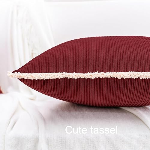 Miniatura 2 de HWY 50 Paquete de 2 fundas de cojín de felpilla de 20 x 20 pulgadas con borlas y flecos, color rojo burdeos, fundas de cojín suaves de estilo