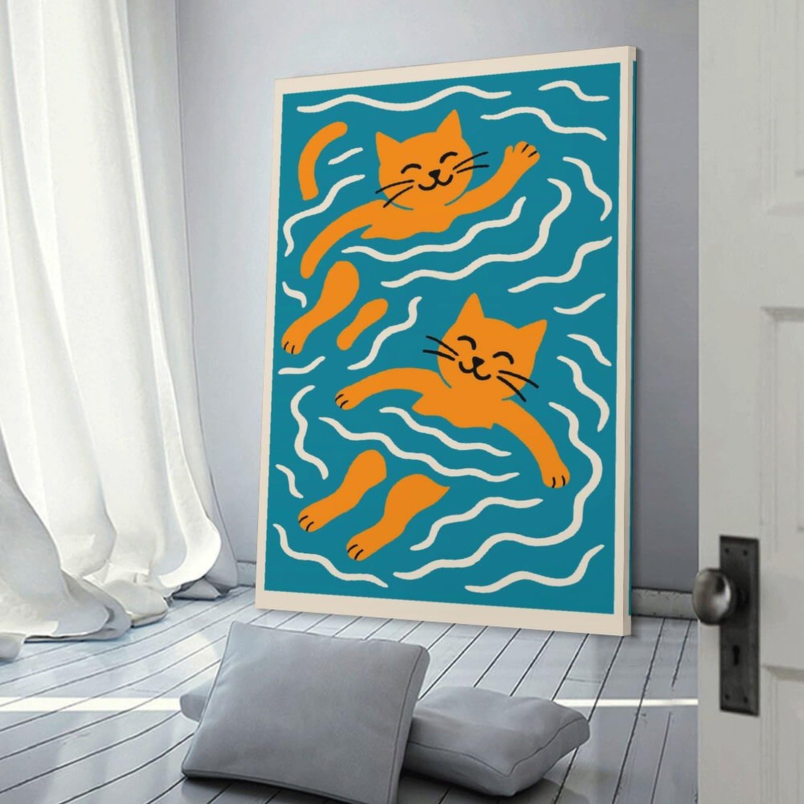 Junmoney Swimming Cats Illustration Hanging Wall Art, 24x36inch(60x90cm), for Living Room, Bedroom, Office Or Hallway, Decorative Artwork with Broad Appeal