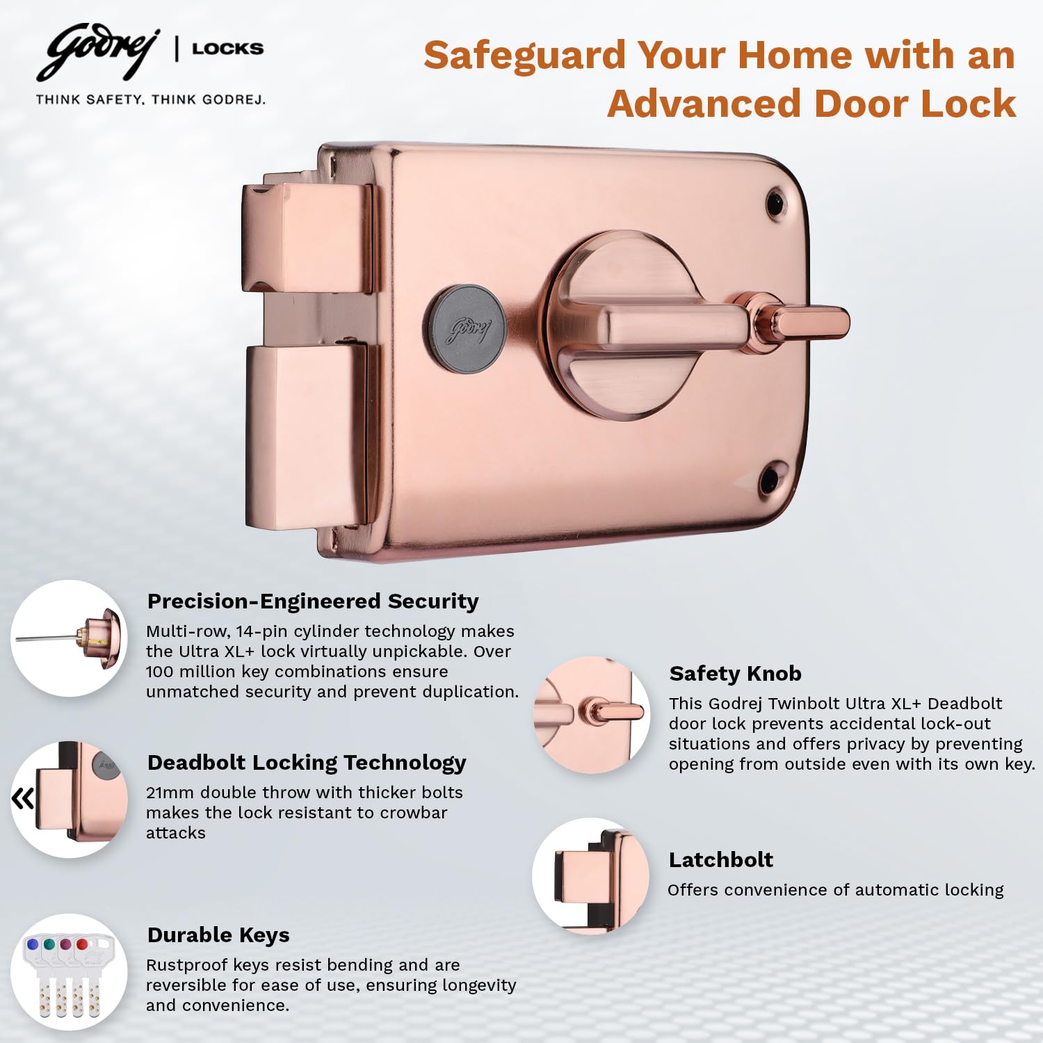 Godrej Rim Lock I Twinbolt Ultra XL+ | 1CK Deadbolt I for Inside Opening Wooden Door | Left/Right Handed Doors I 4 Keys I 5-Year Warranty I Manual Locking l Rose Gold Finish 3