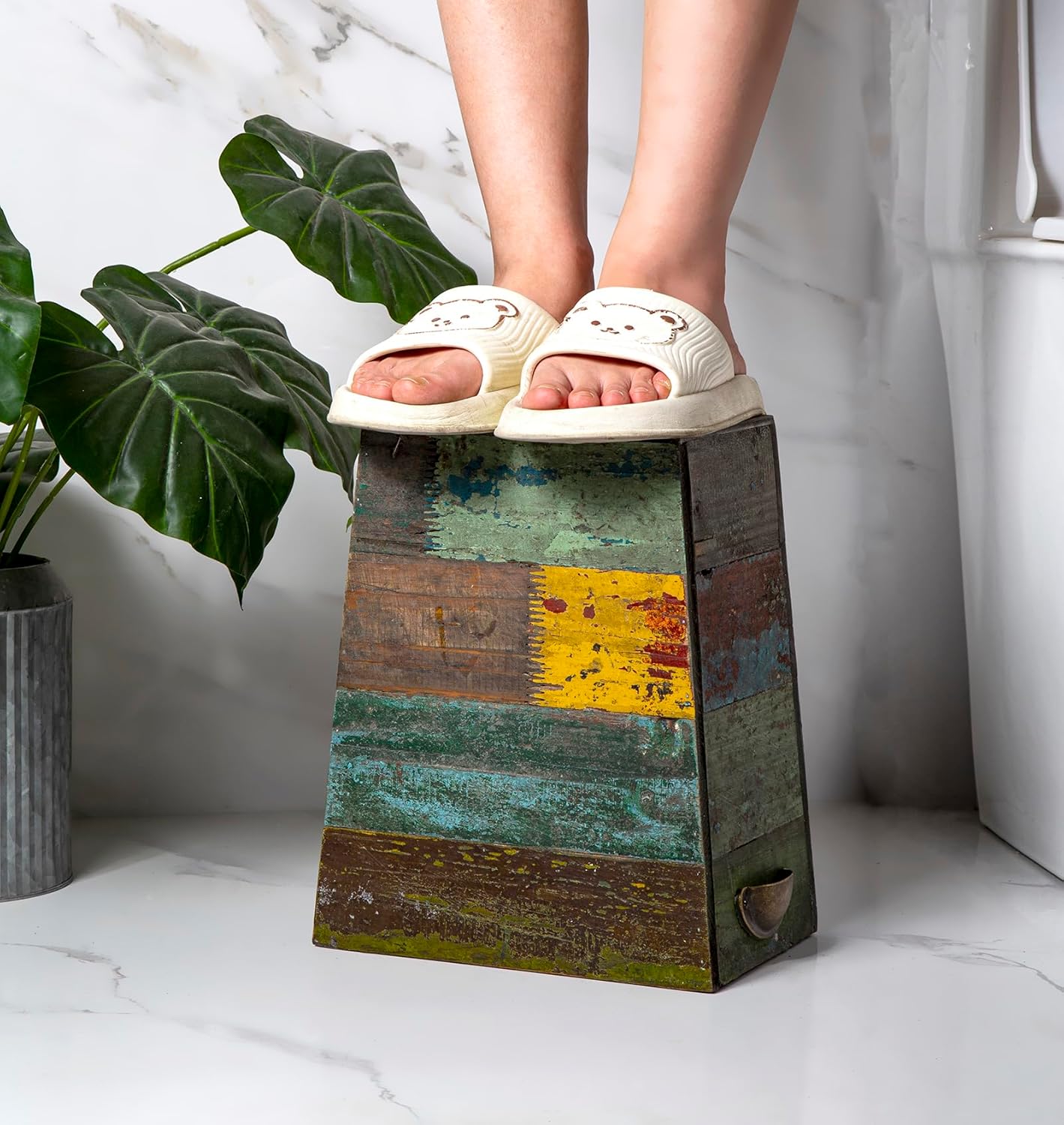 TIMRIS Small Wood Trash Can Wastebasket, Farmhouse Rectangular Garbage Can Waste Basket, Rustic Distressed Boho Wooden Trash Recycling Bin with Metal Handles, Reclaimed Wood Storage Basket (Random)