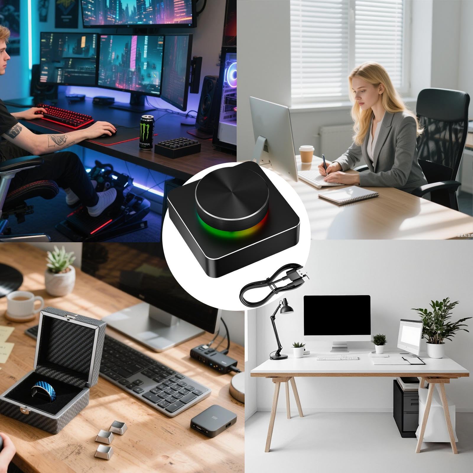 Generisch Bezprzewodowy regulator głośności, pilot zdalnego sterowania do mediów komputerowych, 2,36 x 2,36 x 3,1 , programowalne przyciski RGB, i wyciszona, wygodne narzędzie do