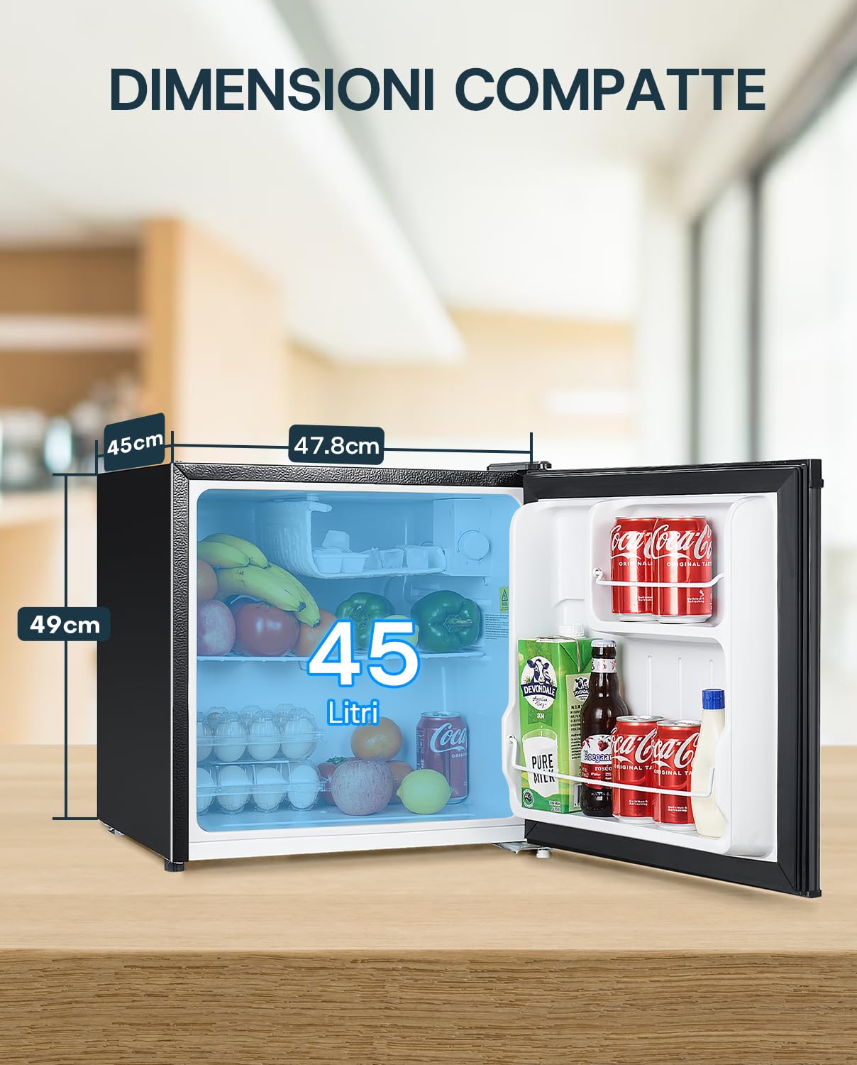 Upstreman Mini Frigo 46L, Frigorifero, Silenzioso, Porta Reversibile, Termostato Regolabile, Risparmio Energetico, Frigorifero Piccolo da Ufficio, Camera, Hotel, Nero Lucido -FR17