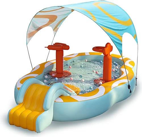 Kaptin Centro de juegos inflable, piscina infantil, piscina para bebés, piscina infantil con tobogán, rociadores de agua, gancho de baloncesto,