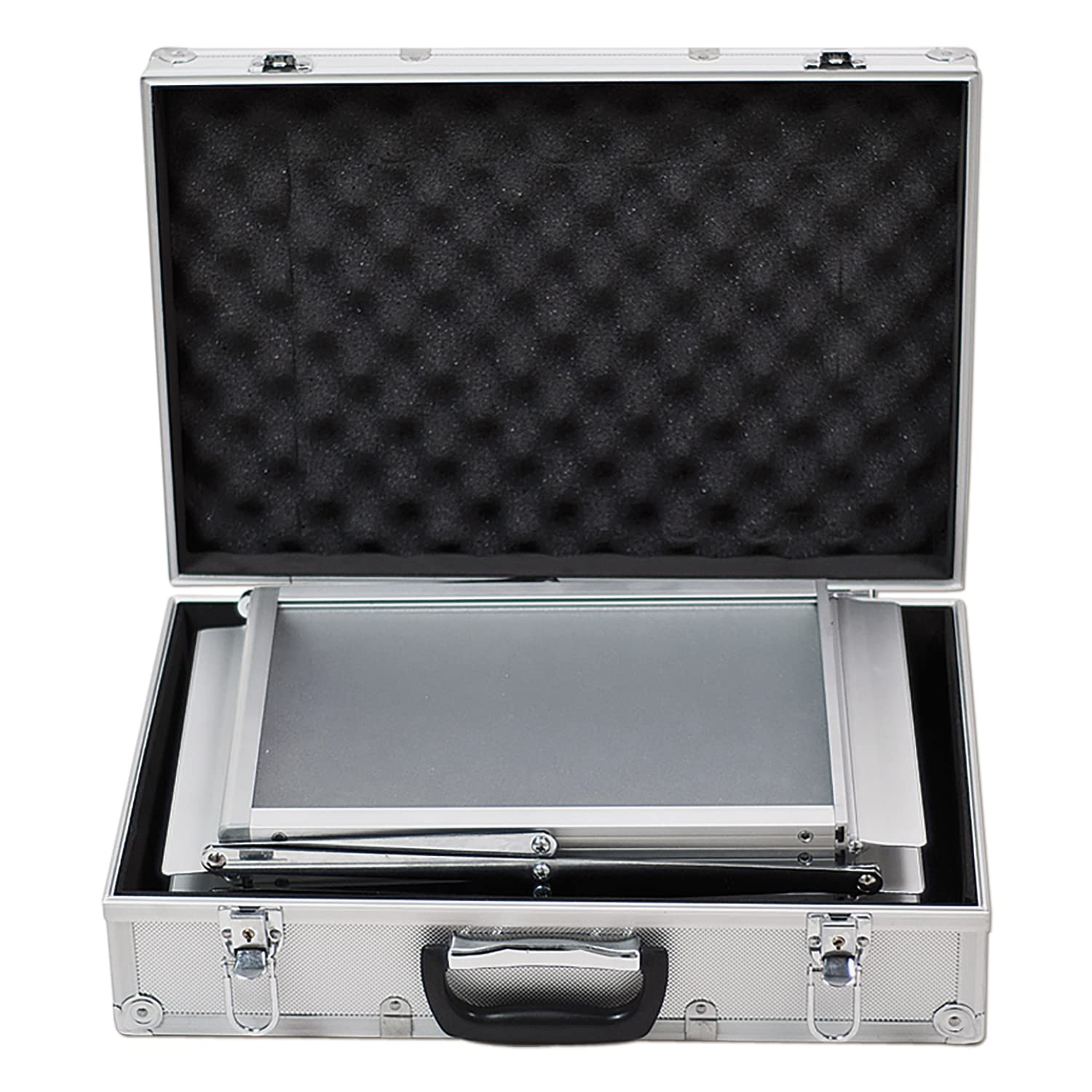 DisplayLager - Prospektständer, Faltbar Inkl. Tragekoffer aus Alu. Bodenprospektständer Hochformat Falt-Prospektständer (Silber, A4)