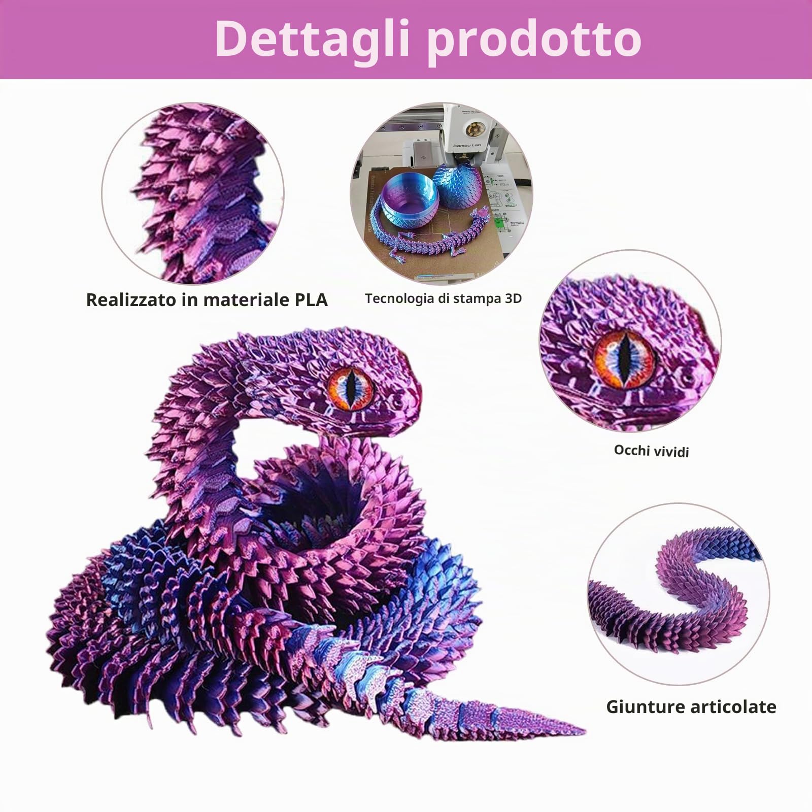 Set di serpenti animali stampati in 3D (28 cm, 3 pezzi) – Giocattoli flessibili articolati a forma di serpente per autismo/ADHD (viola, rosso, verde)