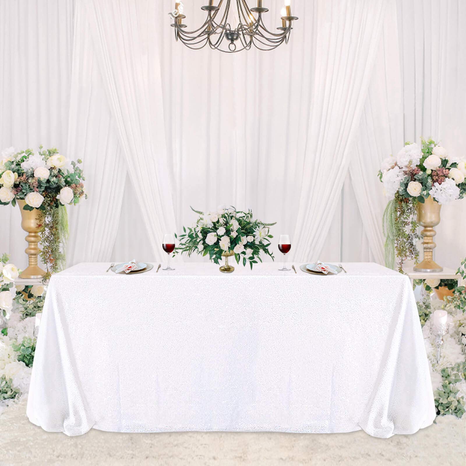 SoarDream Weiße Hochzeitstischdecke, 228 x 332 cm, Pailletten-Tischdecke, Glitzer-Tischwäsche für Party, Bankett, Zuhause, Kuchen, Desserts, Tischdekoration