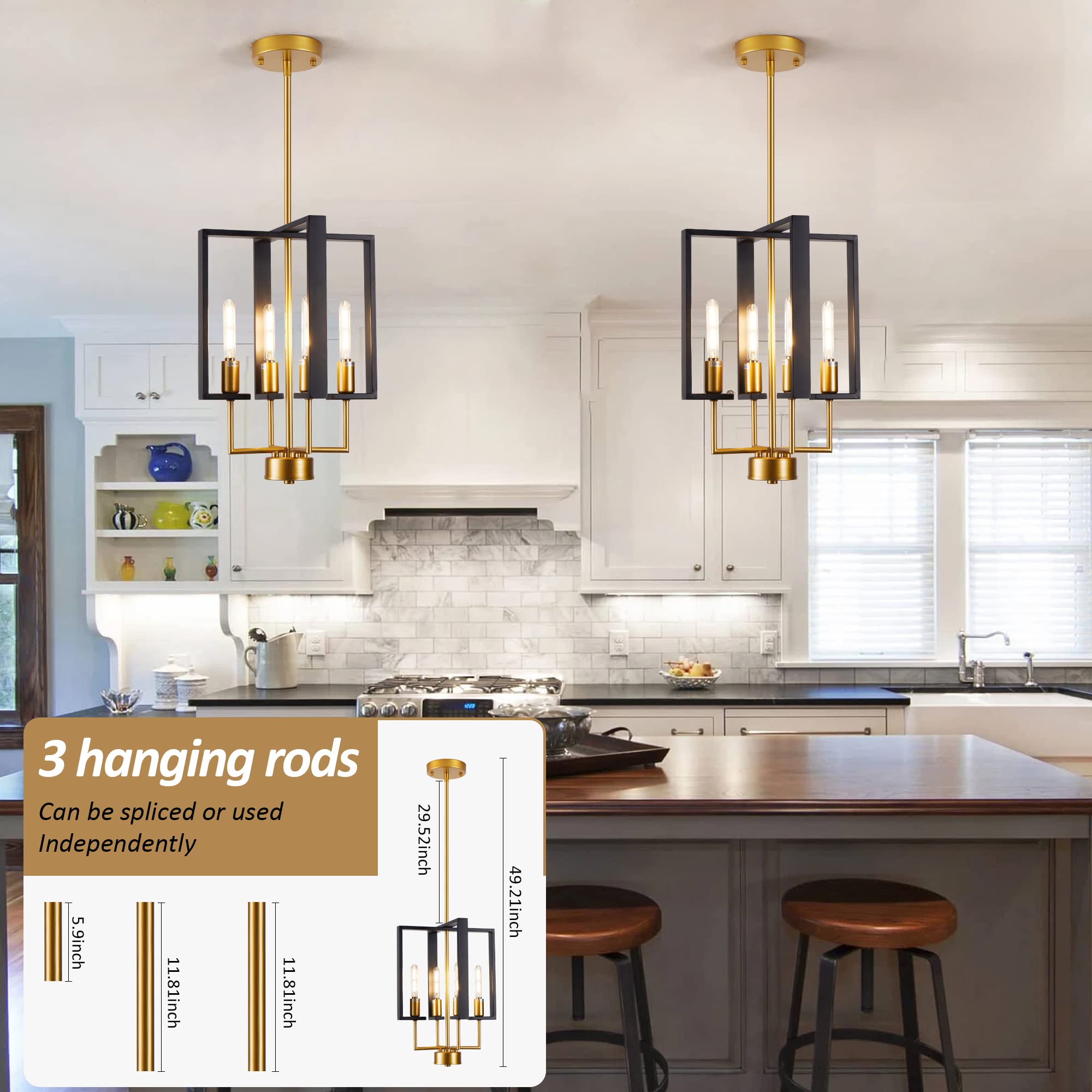 youngrender Gold Farmhouse 4 Light Pendant Lighting, Industrial Lantern Chandelier with Farmhouse Metal Cage, Modern Pendant Light Fixtures Hanging for Dining Room Kitchen Island Entryway Foyer