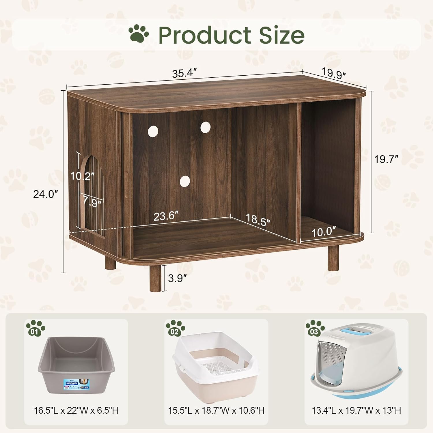 Snughome Cat Litter Box Enclosure, 35.4'' Hidden Litter Box Furniture with Sliding Door, Modern Hidden Litter Box Cabinet, Wooden Indoor Cat House, TV Stand, Side End Table for Living Room, Walnut