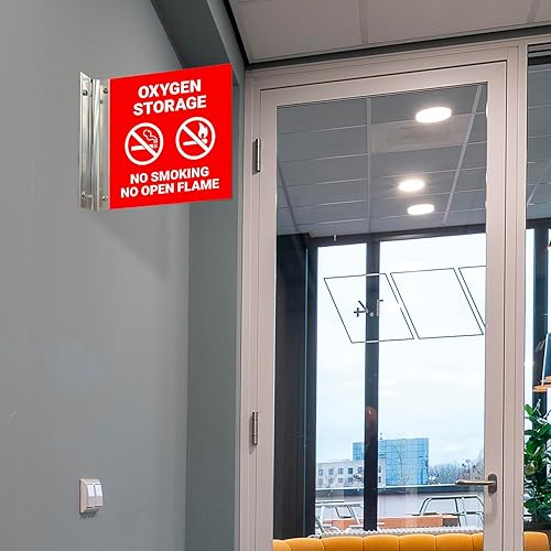Miniatura 2 de Cartel de almacenamiento de oxígeno No Smoking No Open Flame Projecting Sign, doble cara, 6x6 pulgadas, ACM, con accesorio de níquel cepillado,