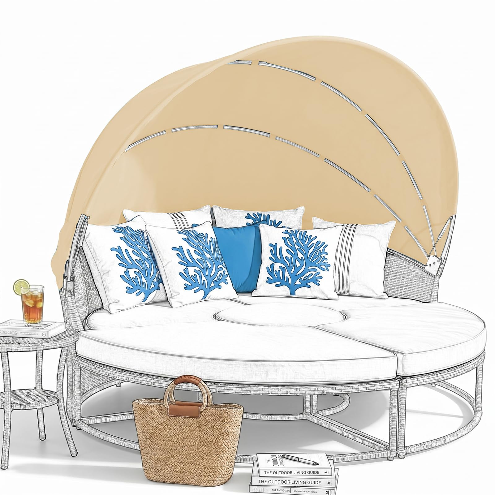 LR68HFT Replacement Canopy for Patio Round Daybed Applicable to Dia 160-180cm, Retractable Top Cover for Outdoor Sunbed, Sun-Resistant and Water-Repellent, Quick Installation (Beige, Dia160~180cm)
