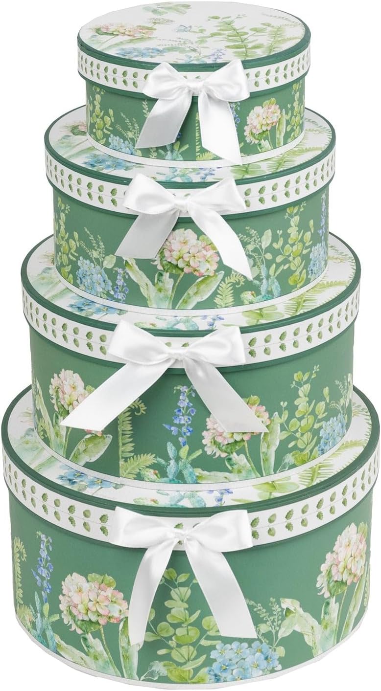 Set of 4 Round Green Floral Nesting Cardstock Gift Boxes with Lids - Presents Wrapping Paper Box for Garden Tea Party Baby Shower Birthday Events Reception Catering Wedding Home Decorations Supplies