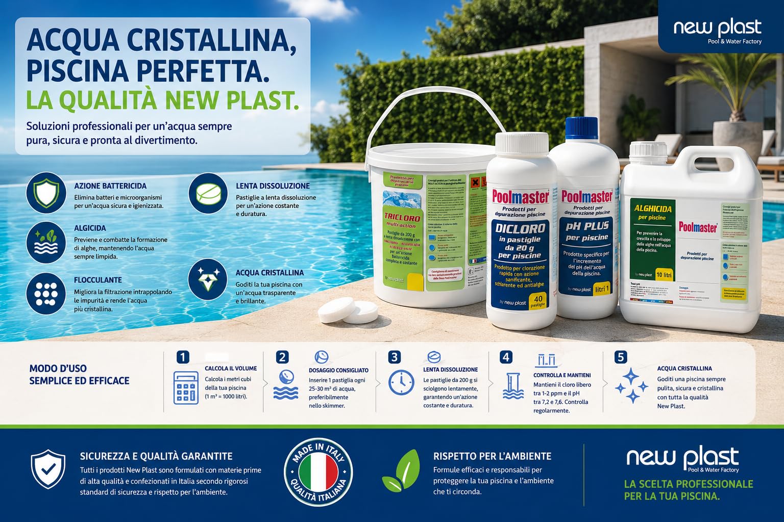 Dicloro in Grani 56% New Plast, Cloro Piscina ad Azione Rapida, Disinfettante, Schiarente e Antialghe per Piscine Interrate e Fuori Terra, 10 kg