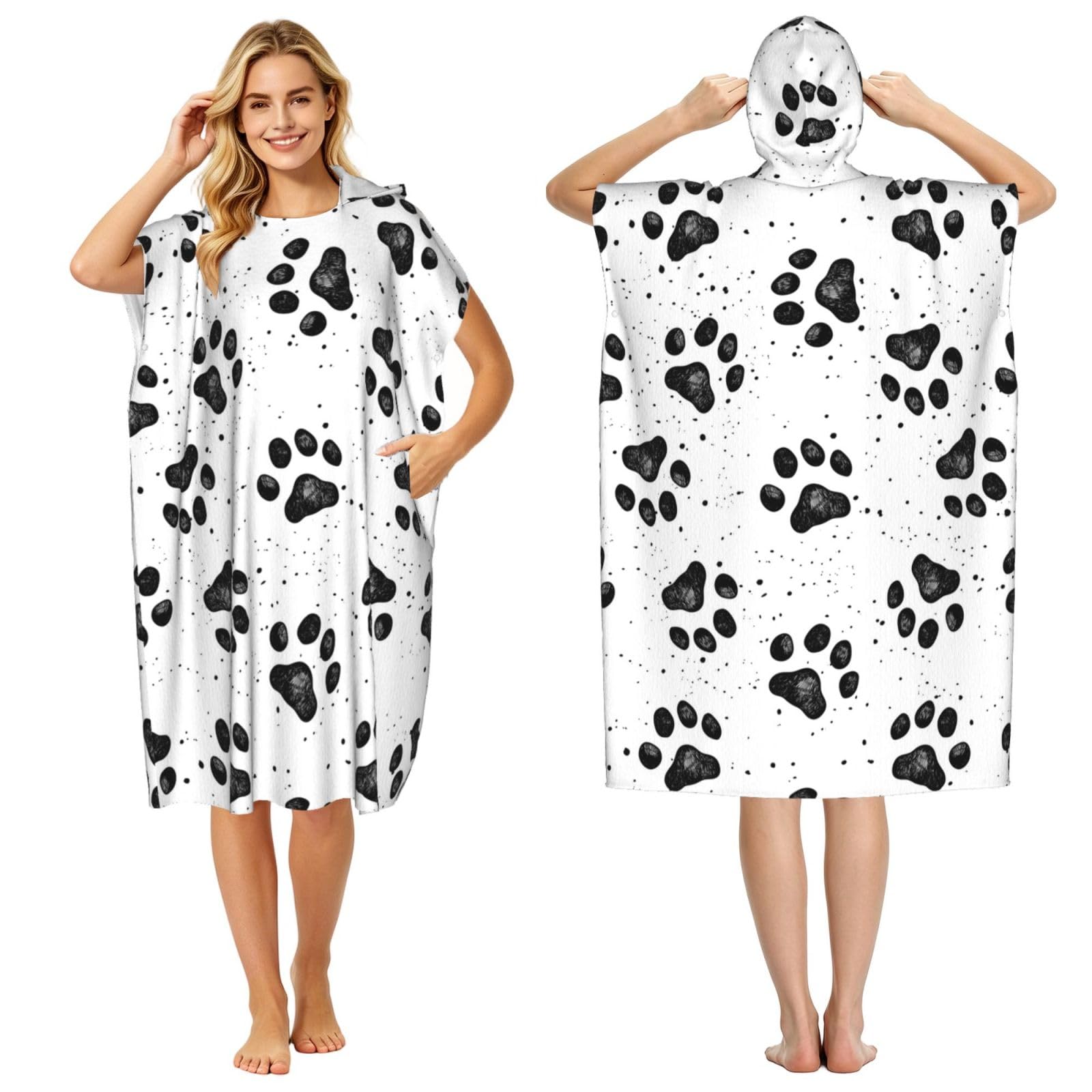 Poadnly Dog Paw Pattern, Adult Hooded Beach Towel 90 x 110 cm,Changing Bath Robe, Surf Poncho Towel For Women Men