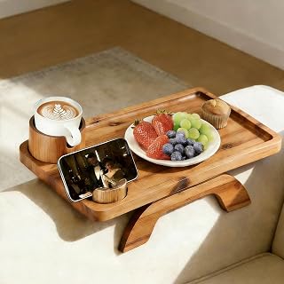NEWBULIG Couch Cup Holder Tray, 3-in-1 Acacia Wood Sofa Arm Clip On Table with 360° Rotating Phone Holder, Foldable Stable Armrest Organizer for Drinks & Snacks, 15.35" x 9.8", Brown
