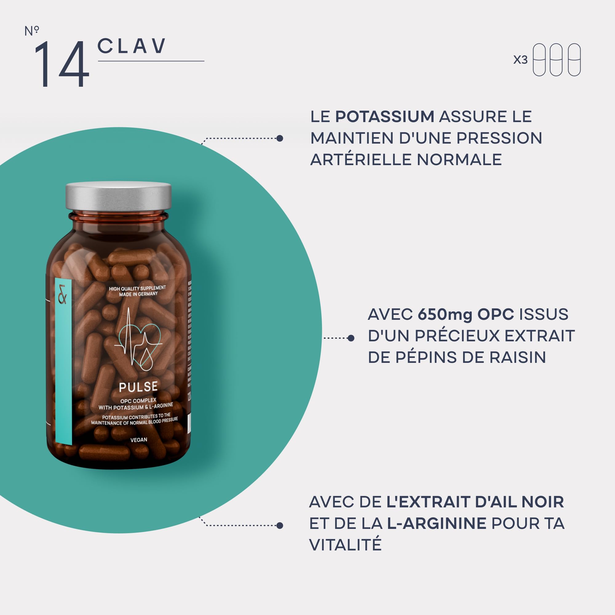 OPC Complexe - Cardio Tonus - Extrait de pépins de raisin avec 650mg d'OPC par dose, L Arginine, Ail noir & Potassium pour la tension arterielle - 120 Gelules