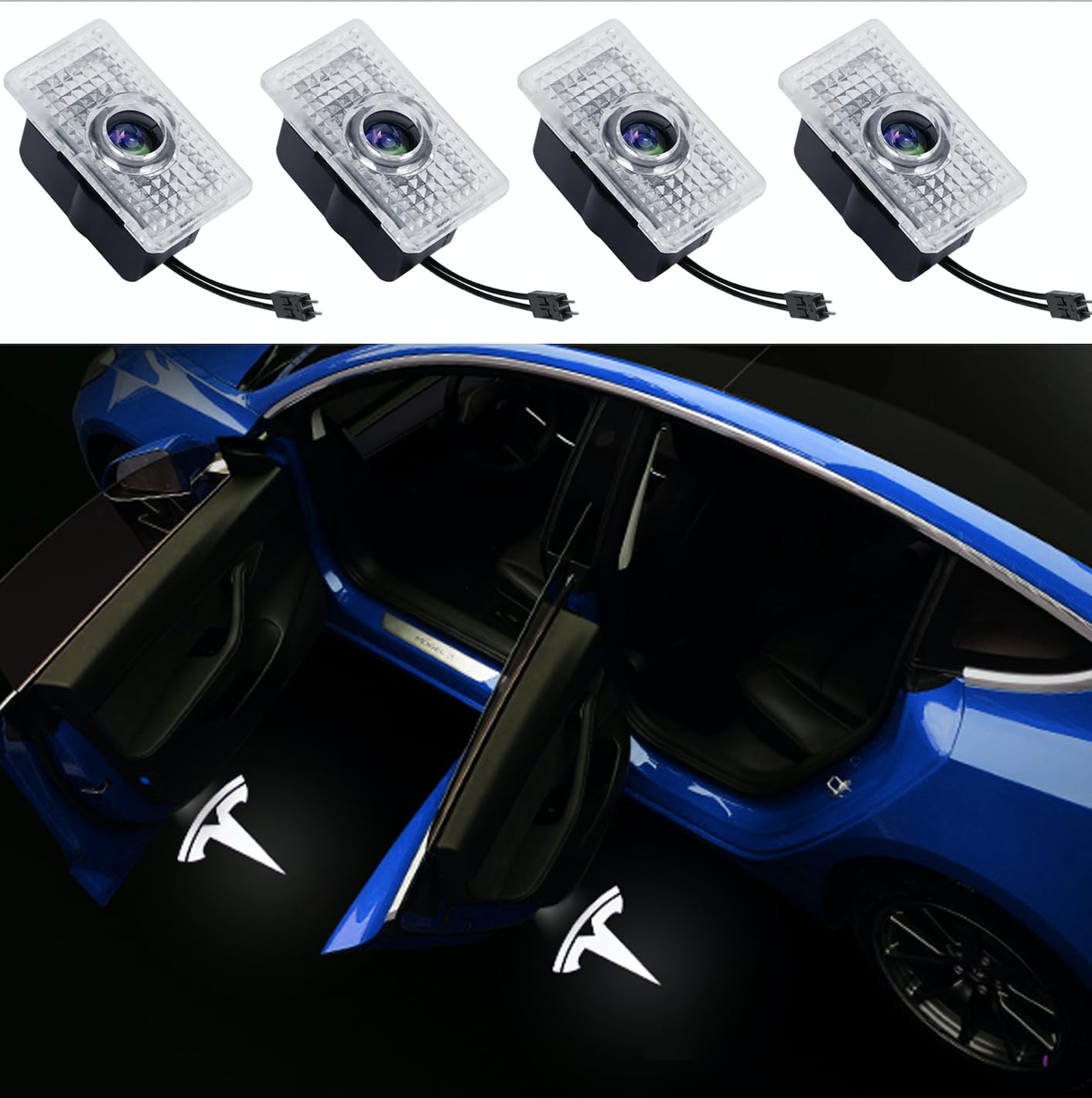 Fenler Car Door Lights Logo Projector Compatible with Tesla Model 3/S/Y/X, Ultra-Bright LED Laser Ghost Shadow Light, Welcome Puddle Lights for Accessories, Ideal Gift for Father, 4 Pack, White