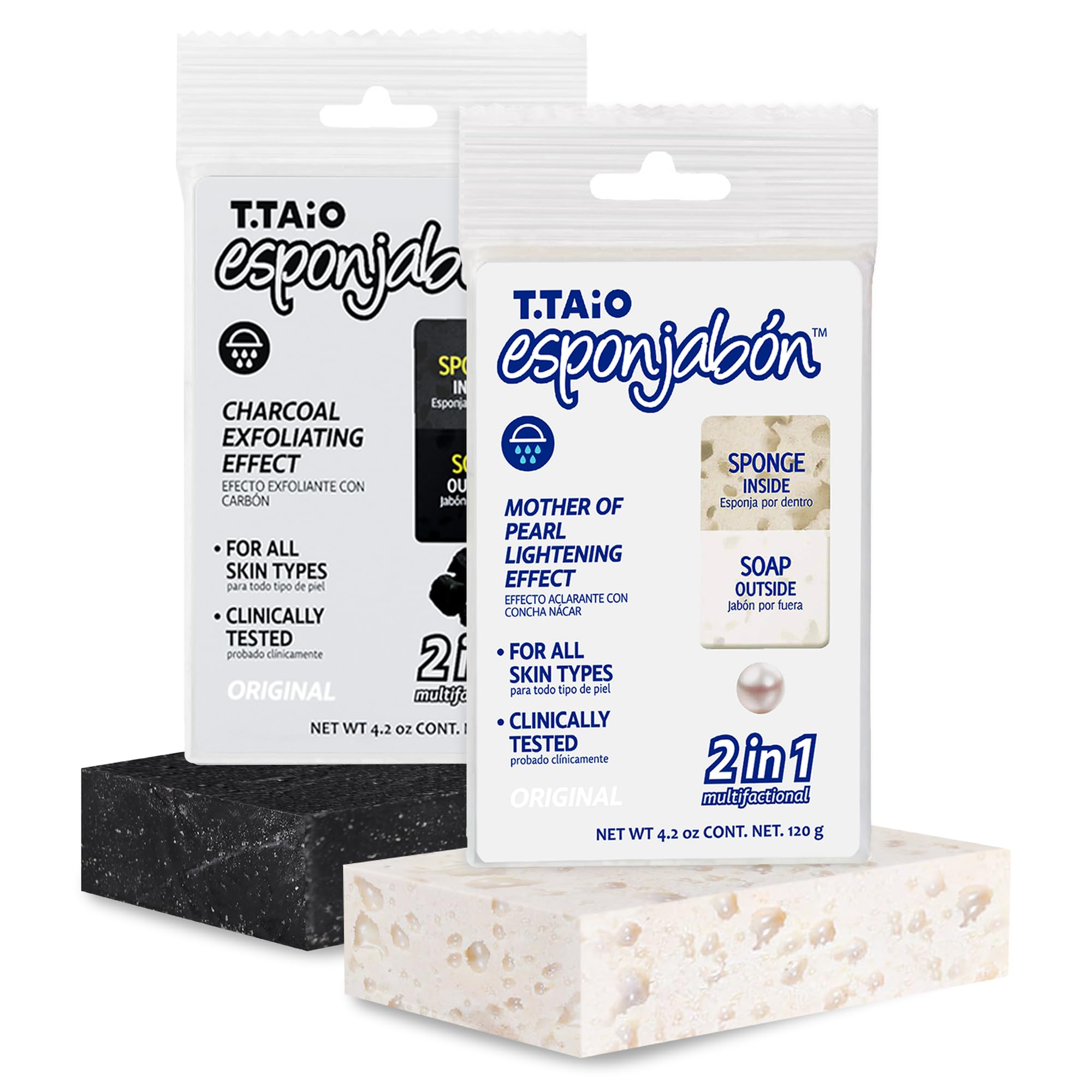 T.TAIO – Esponjabon Pearl & Charcoal Soap Sponge – Unisex – Pack of 2 – 2-in-1 Handcrafted Soap & Sponge – Brightening & Detoxifying Cleanser – 240 g Total