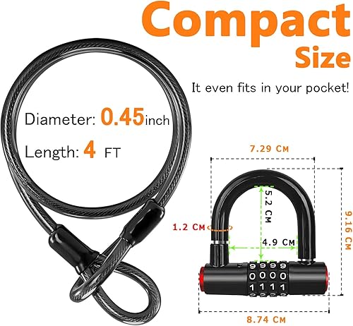 Miniatura 6 de Juego de candado de cable de seguridad (4 cerraduras digitales en U y cable flexible de extremos sellados de acero de 4 pies x 12 pulgadas),