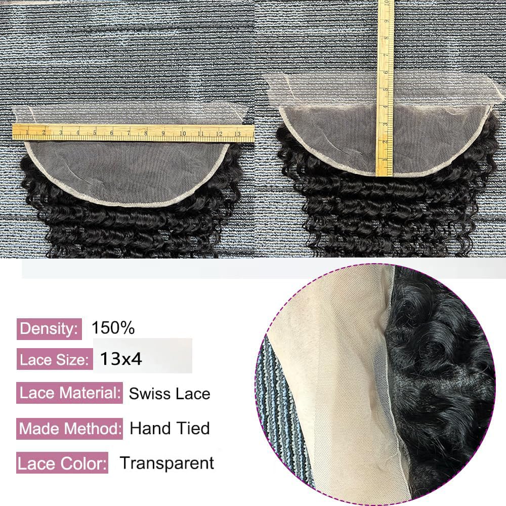 13x4 Lace Frontal Closure Ear To Ear 100% Human Hair Brazilian Virgin Hair Deep Wave Transparent 13x4 Lace Frontal Free Part Pre Plucked Natural Hairline 12 Inch