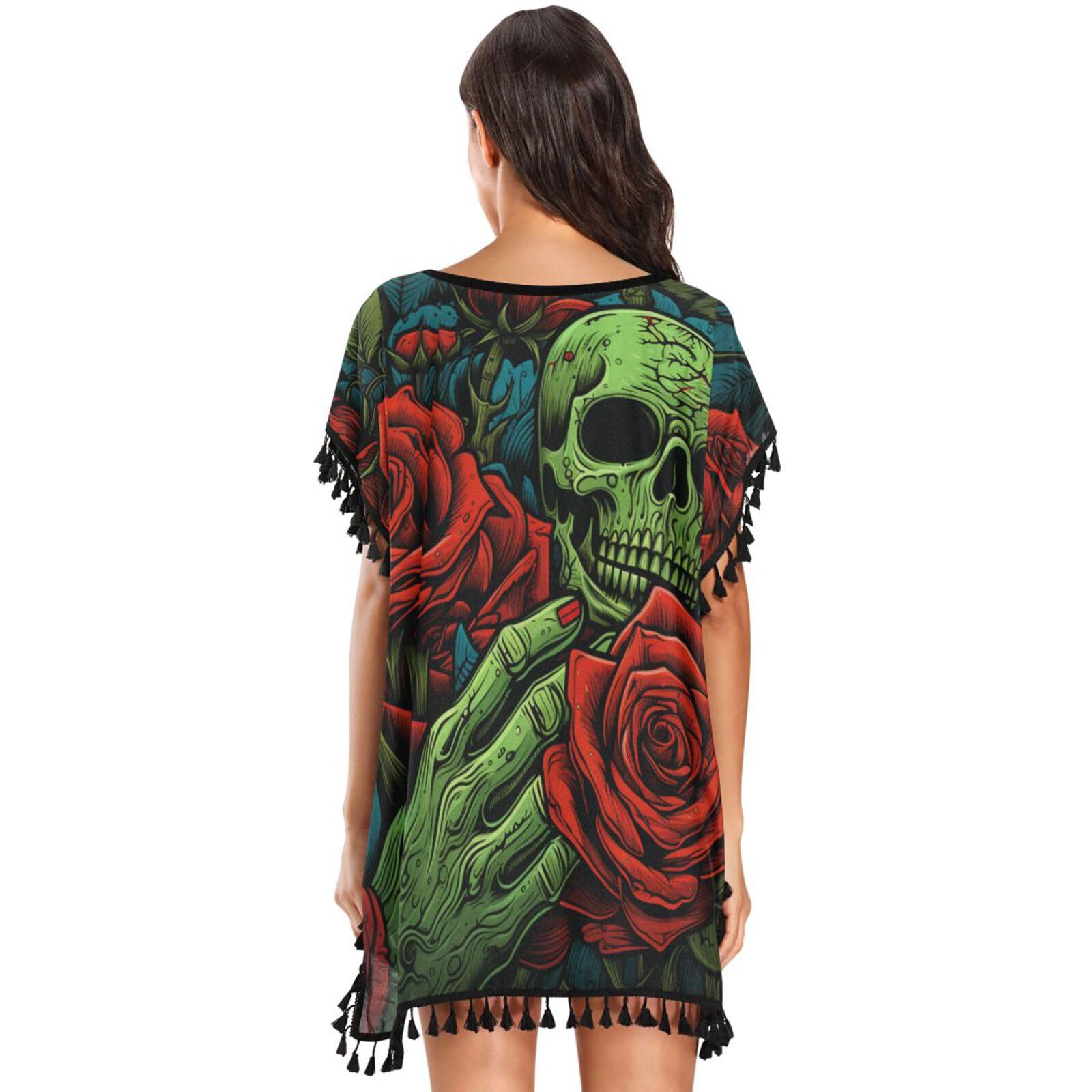 Red Rose Green Hand Skull Women's Beach Cover Up Chiffon Tassel Swimwear Swimsuit Coverups for Girl