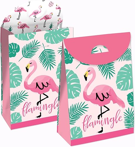 Big Dot of Happiness Pink Flamingo - Bolsa de regalo de verano tropical - Cajas de regalos de fiesta - Juego de 12