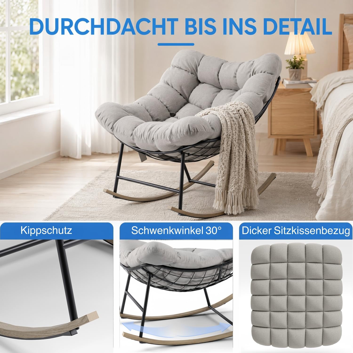 Schaukelstuhl Extrabreiter Ei-Schaukelsessel Outdoor mit Seitentasche, Relaxsessel Wippfunktion mit Abnehmbares Sitzkissen für Wohnzimmer Garten Balkon, Stahlgestell, Bis 150 kg Belastbar – Aprikose