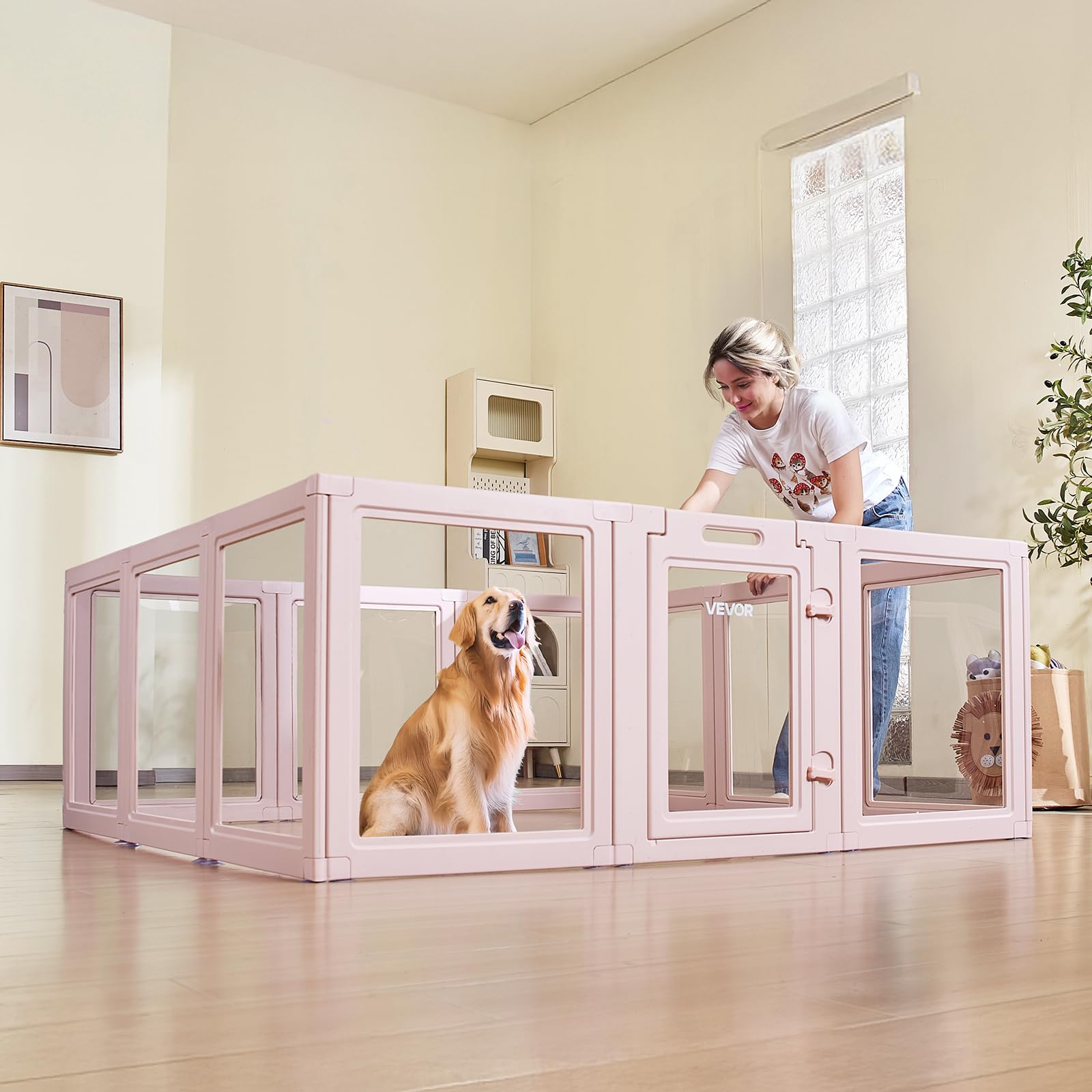 VEVOR Parc de Mise Bas pour Chien, 154 x 150 x 60 cm, Caisse de Mise Bas pour Chiots, avec Fenêtres Transparentes et Serrure, Cadre Rose Clair, Kit Naissance Durable pour Chiens de Très Grande Taille