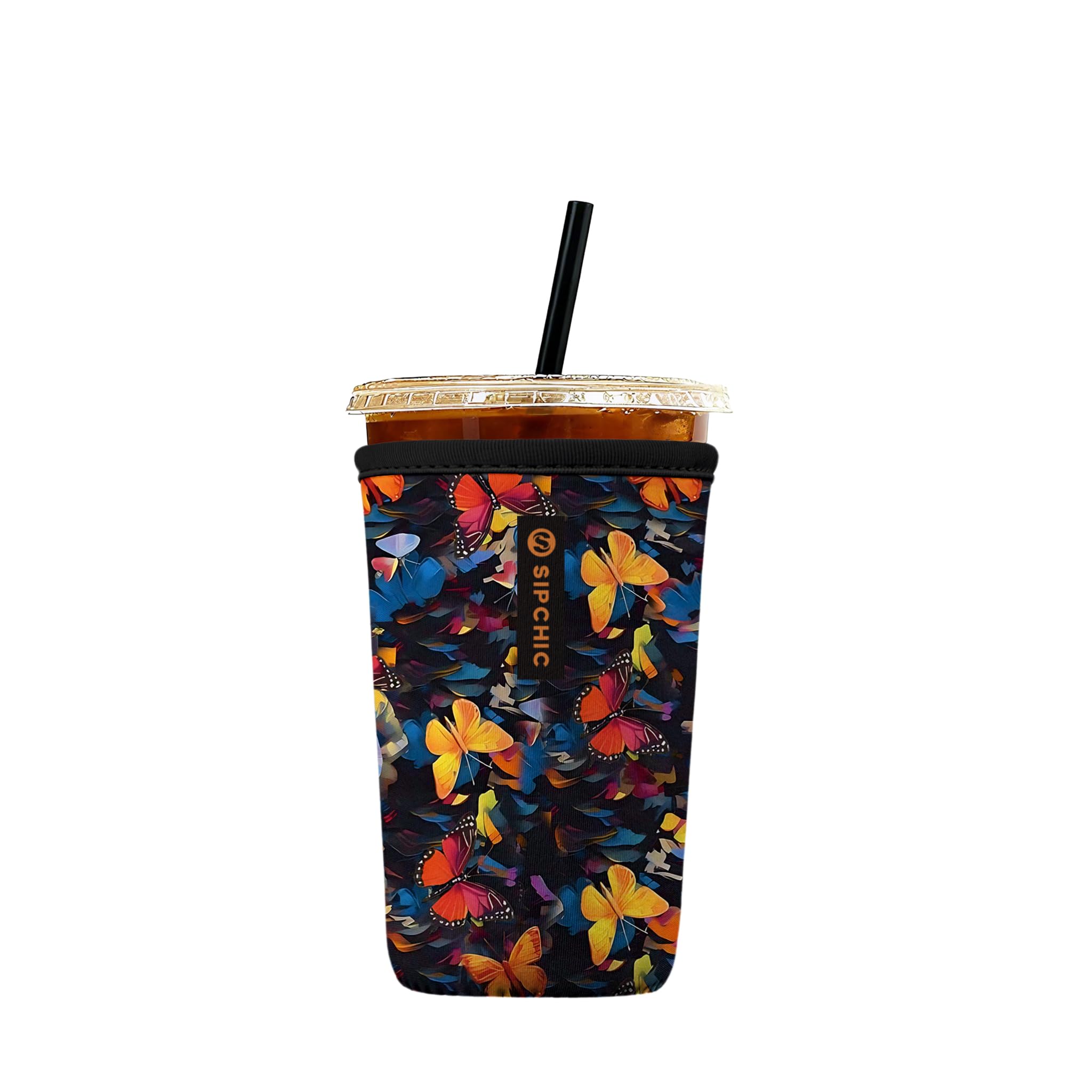 Iced Coffee Sleeve – Neoprene Reusable Cup Sleeves for Drinks, Insulated Drink Sleeves to Keep Hands Dry &amp; Drinks Cold, Stylish &amp; Durable Coffee Sleeves (Dizzy Butterfly, Medium: 22-29oz)