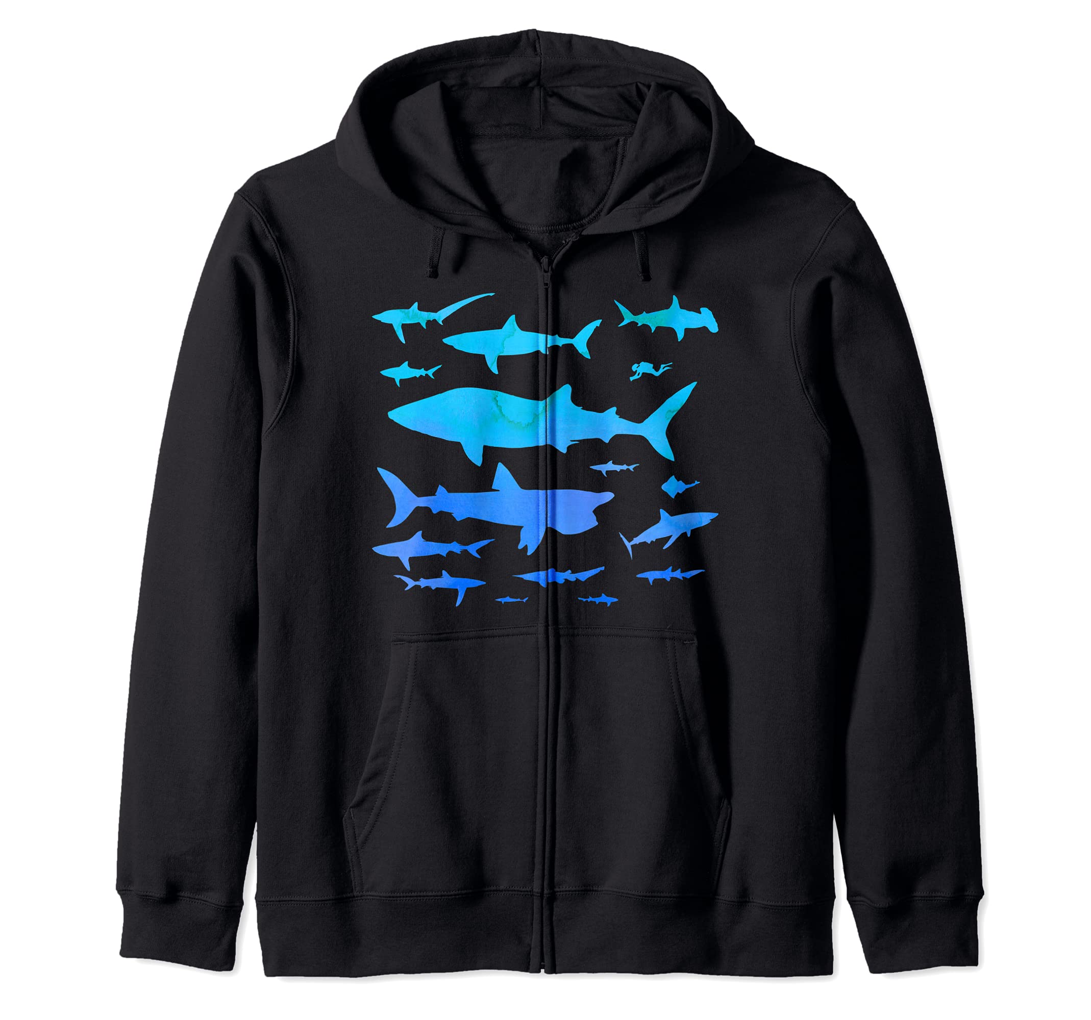 Watercolor Effect 15 Kinds of Sharks - Marine Biology Shark Zip Hoodie, Black