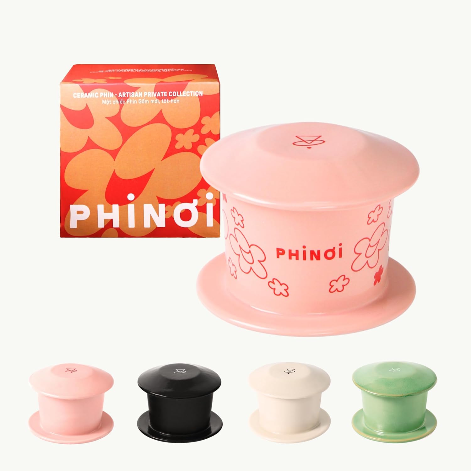[SPECIAL EDITION] Ceramic Vietnamese Phin Filter by PHINOI - Pour Over Coffee Dripper – 1-2 Cup with Flower Design – Reusable Coffee Filter for Manual Brewing, Travel Friendly (Pink)