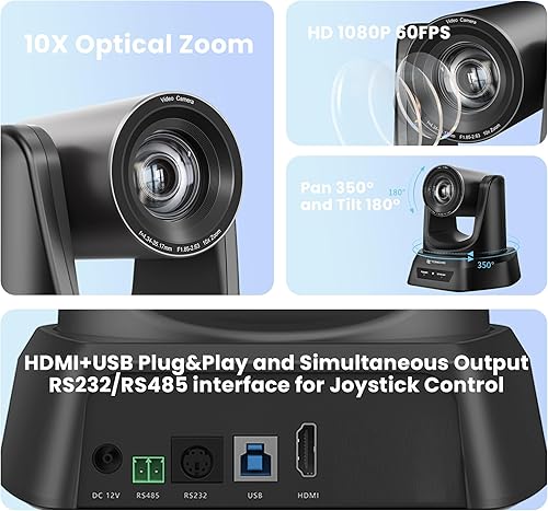 Miniatura 2 de TONGVEO Cámara PTZ HDMIUSB 10X Zoom óptico 60fps 1080P Cámara de videoconferencia para culto a la iglesia Transmisión en vivo Reunión en línea