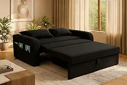 Sofá Cama Com Baú 2 Lugares 140cm Lady Day Retrátil Com Almofadas Veludo Preto Aconchegante