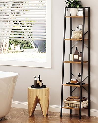 Miniatura 5 de Estantería tipo escalera para libros, estilo industrial, 2 ganchos, almacenamiento independiente en rincones oficina en casa sala estar cocina