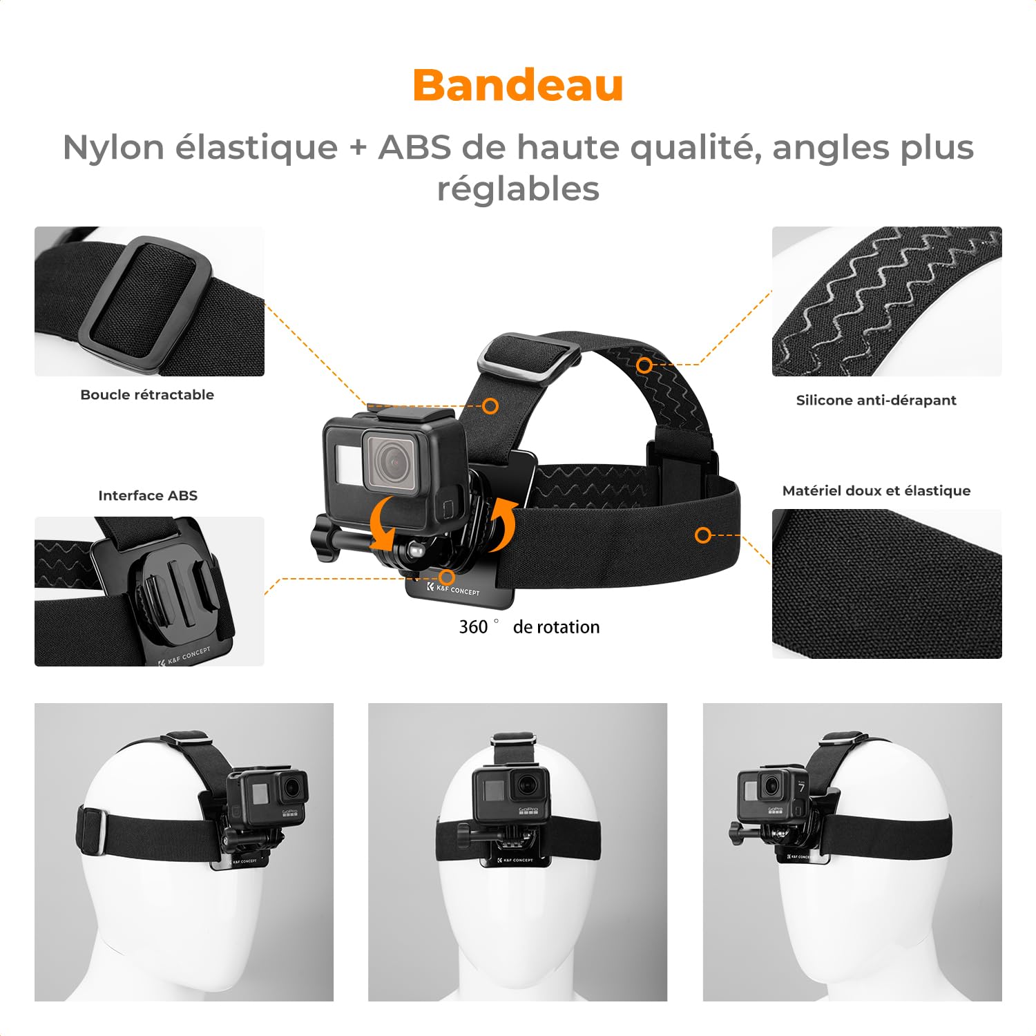 K&F CONCEPT Sangle Harnais de Poitrine et Bandeau et Dragonne et Clip de Sac et 5 Vis en T et Clip de Téléphone et 4 Dégagement Rapide et Adaptateur de 1/4" Compatible avec GoPro/DJI Aciton/Téléphone