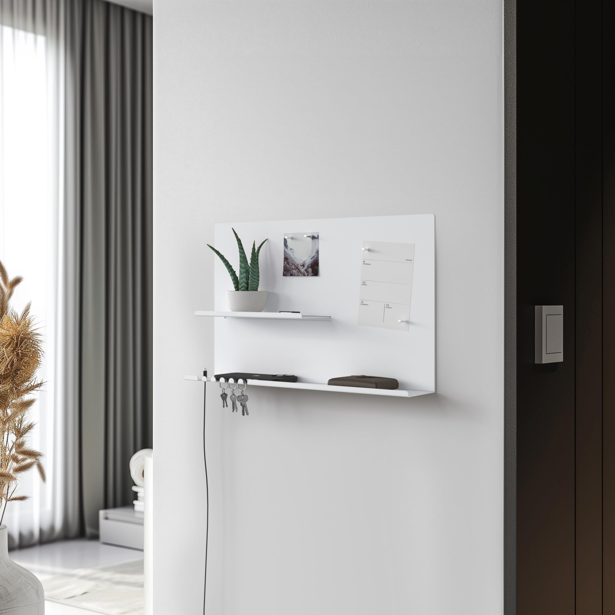 byde Organizer Ścienny Hebe Wykonany z Metalu 49 x 9 x 30 cm Półka Ścienna 3 w 1 z Tablicą Magnetyczną i Magnesami. Organizer na Klucze i Notatki. Montaż na Ścianie z Szablonem Montażowym. Kolor Biały