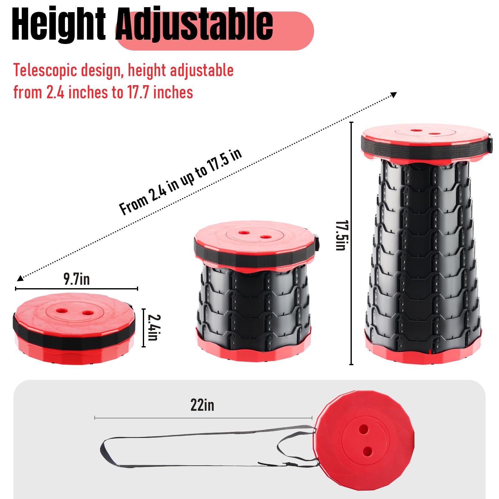 Doseno Juego de 2 taburetes plegables mejorados, taburetes plegables portátiles retráctiles para pesca, excursiones de senderismo, barbacoas, fiestas, actividades al aire libre (rojo)
