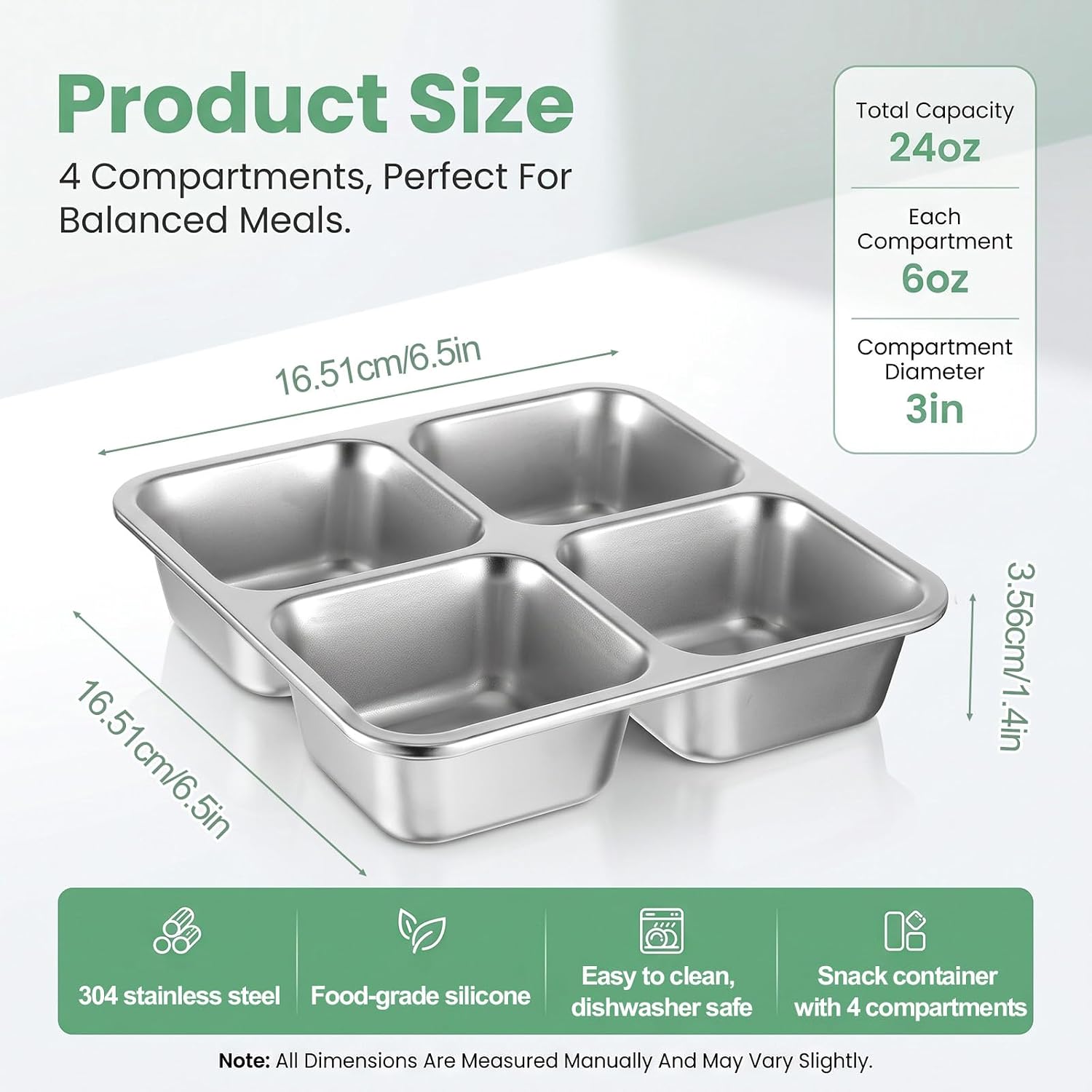 4 Pack Stainless Steel Snack Containers with Lids, 4 Compartment image 2
