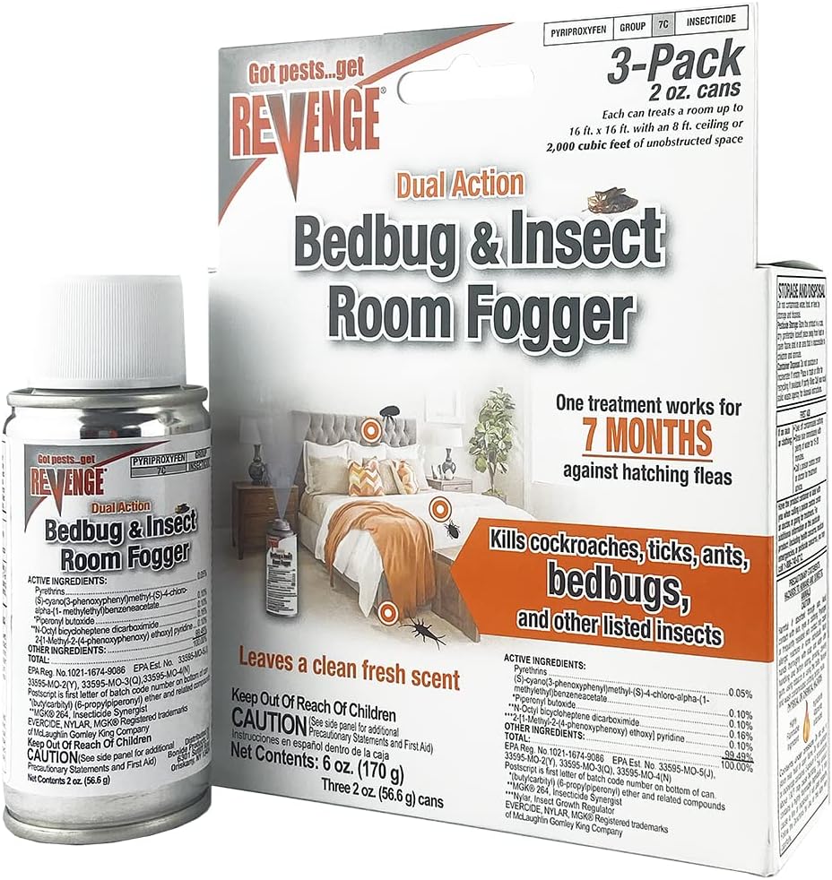Bonide Revenge Dual Action Bedbug & Insect Room Fogger, Pack of 3 Long Lasting Protection Against Fleas, Ticks, Cockroaches, Ants