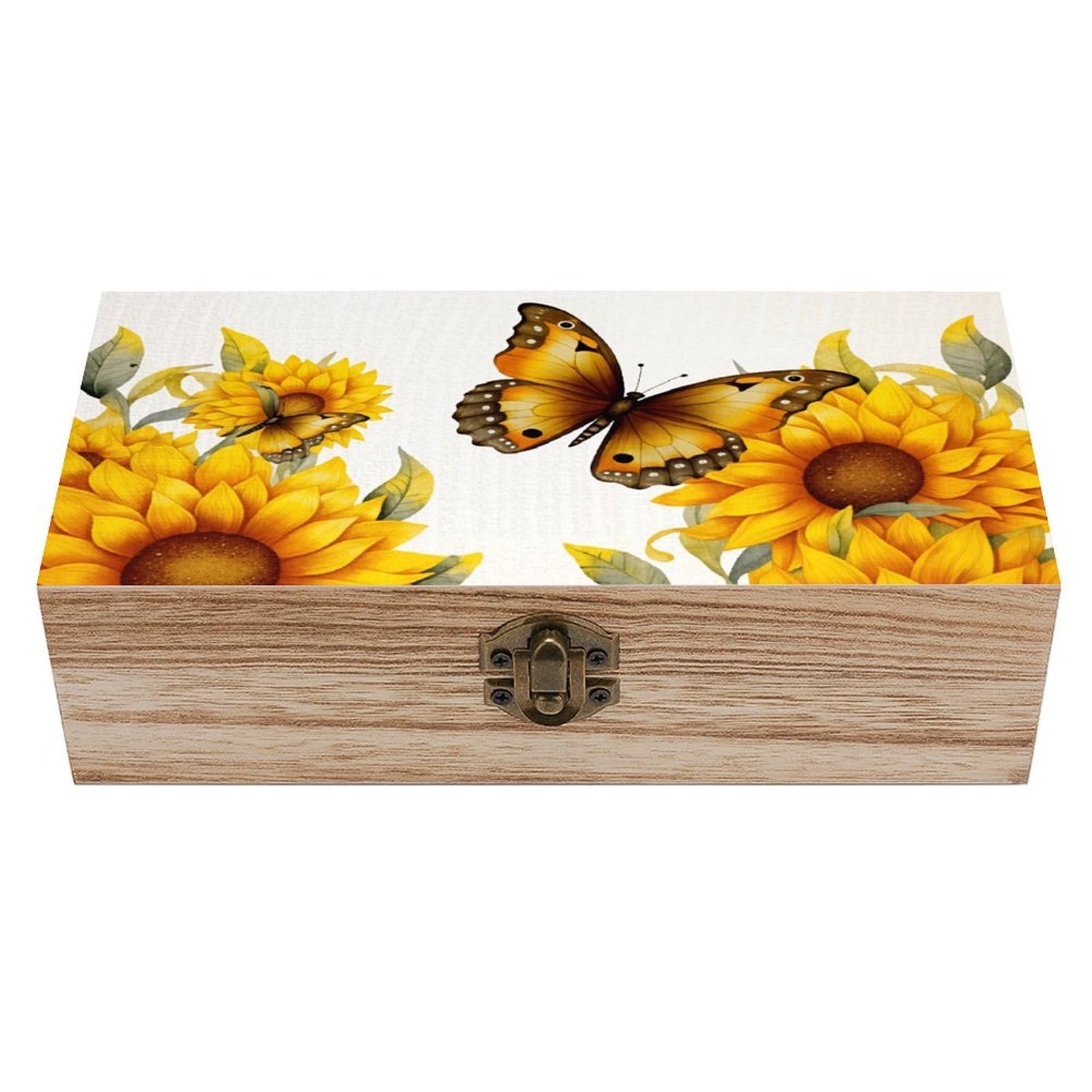 HLBSDM Sunflower Butterfly Vintage Wooden Keepsake Box with Hinged Lid And Locking Clasp, Decorative Storage Box for Jewelry, Trinkets And Small Accessories, Organizer for Home Or Wedding